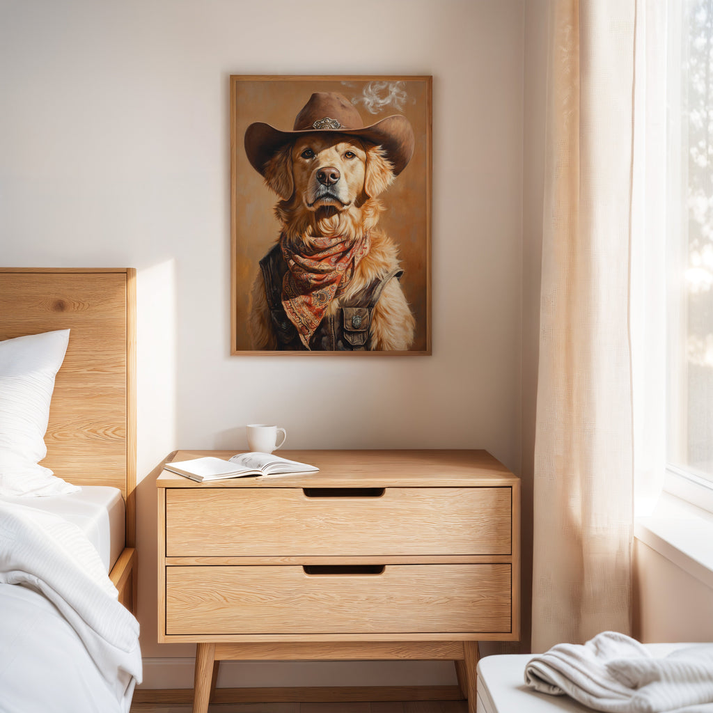 Golden Retriever Gunslinger in a Cowboy Hat