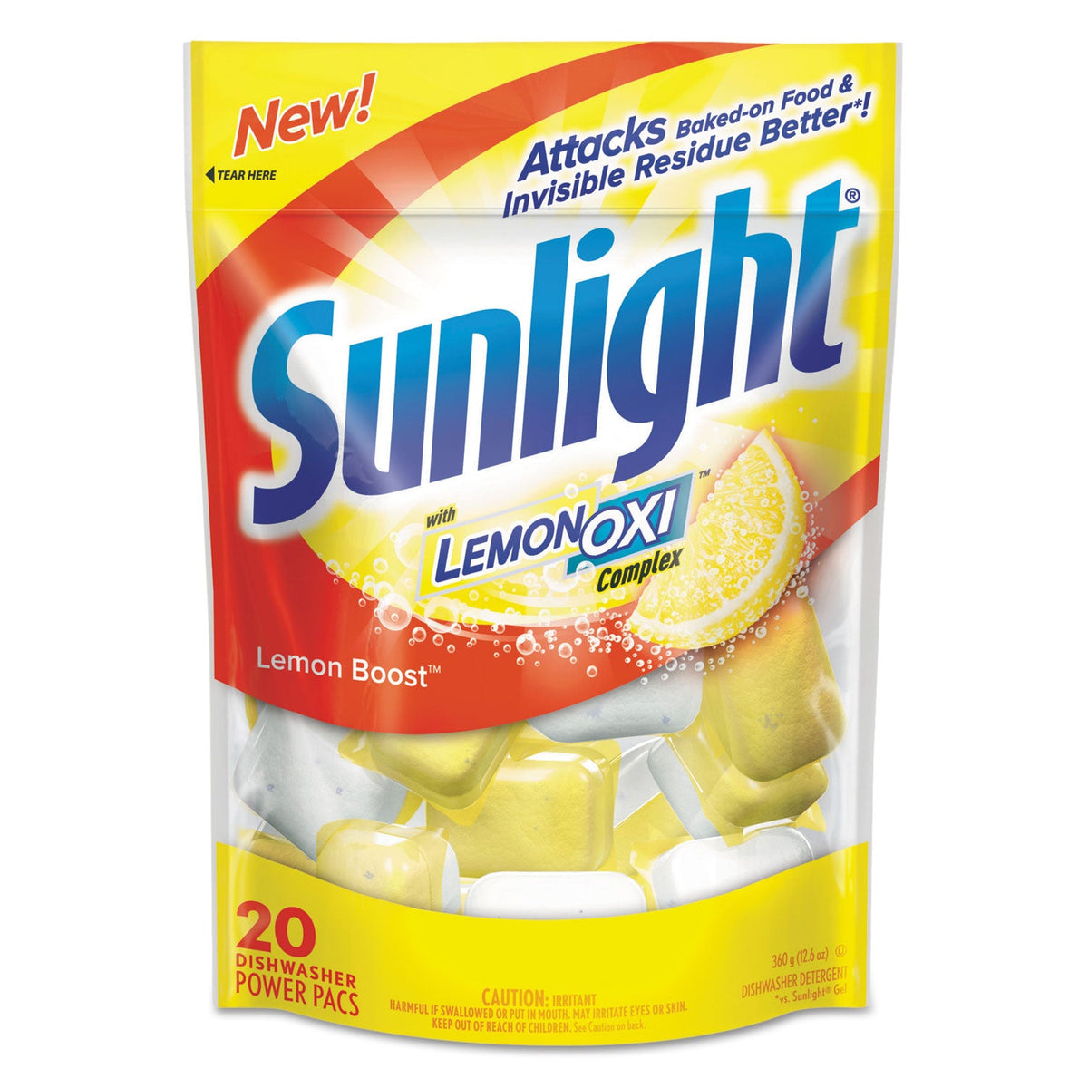 Sunlight Auto Dish Power Pacs, Lemon Scent, 1.5 oz Single Dose Pouches, 20/Pk, 6 Pks/Ct