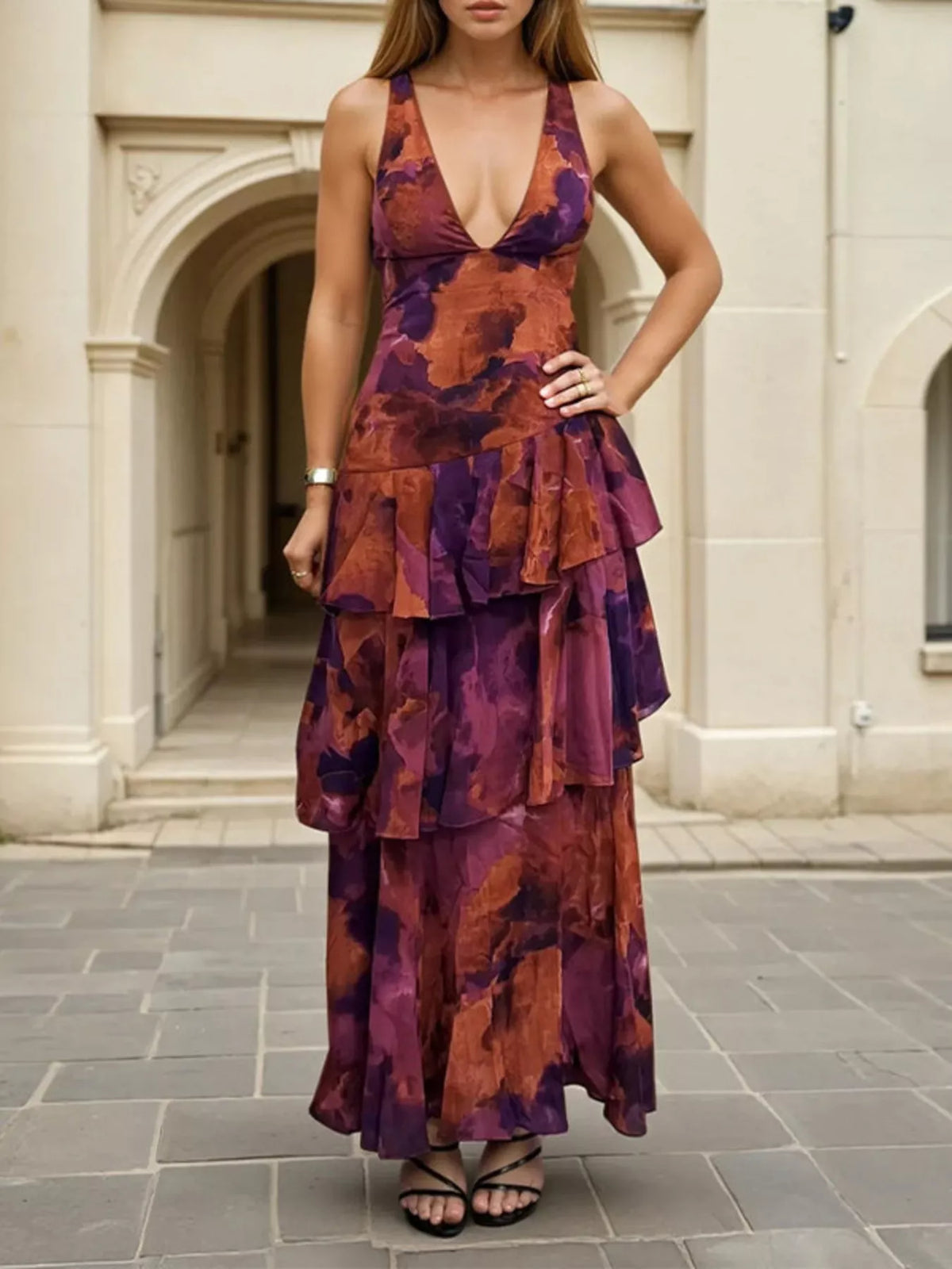 Floral V-Neck Ruffle Layered Maxi Dress