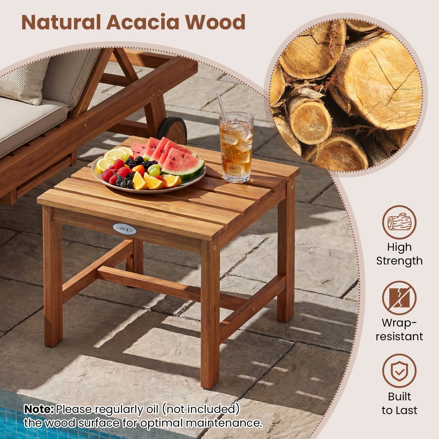 17" Square Acacia Wood Side Table with Slatted Top