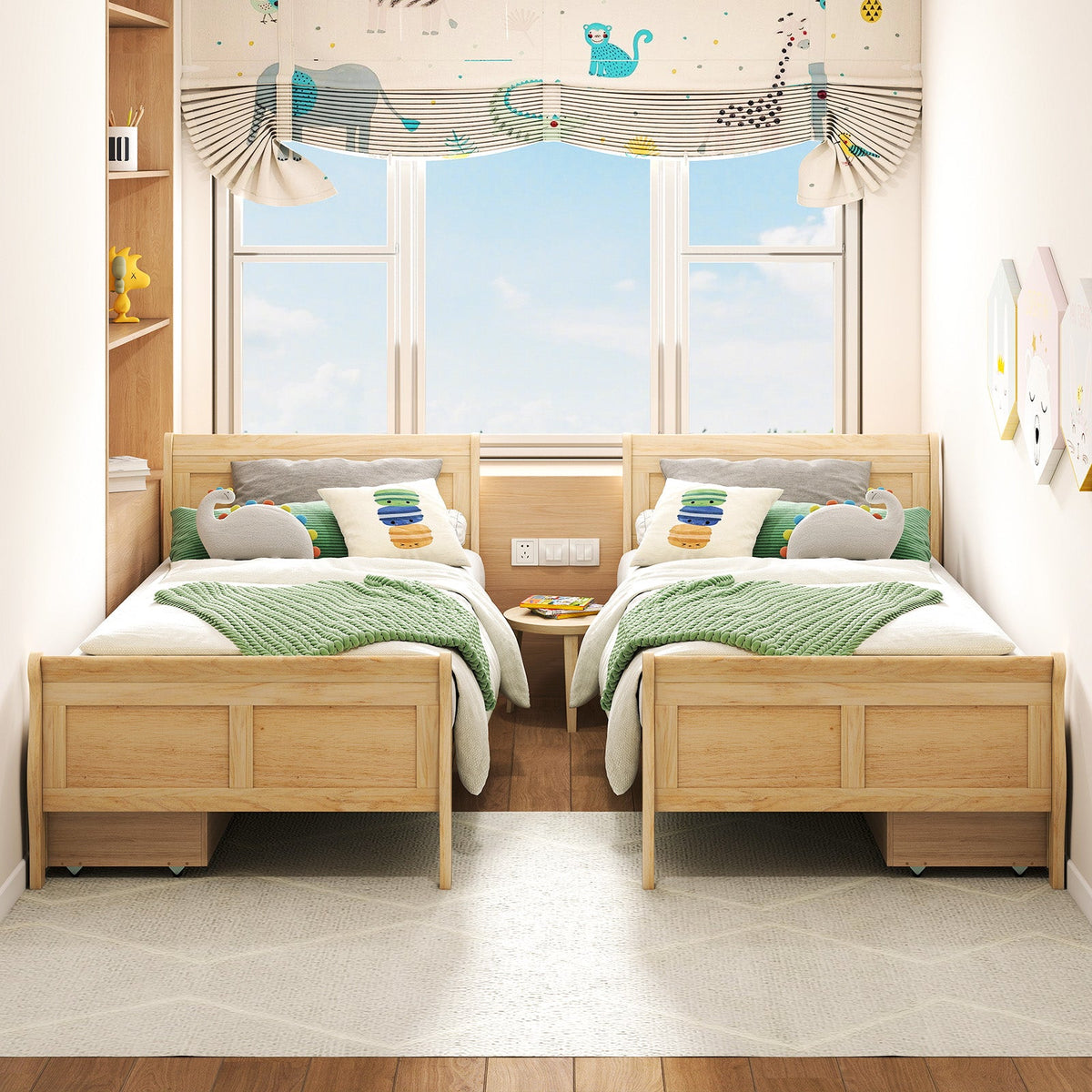 Twin Size Sleigh Bed with 2 Storage Drawers Wood Platform Bed Frame