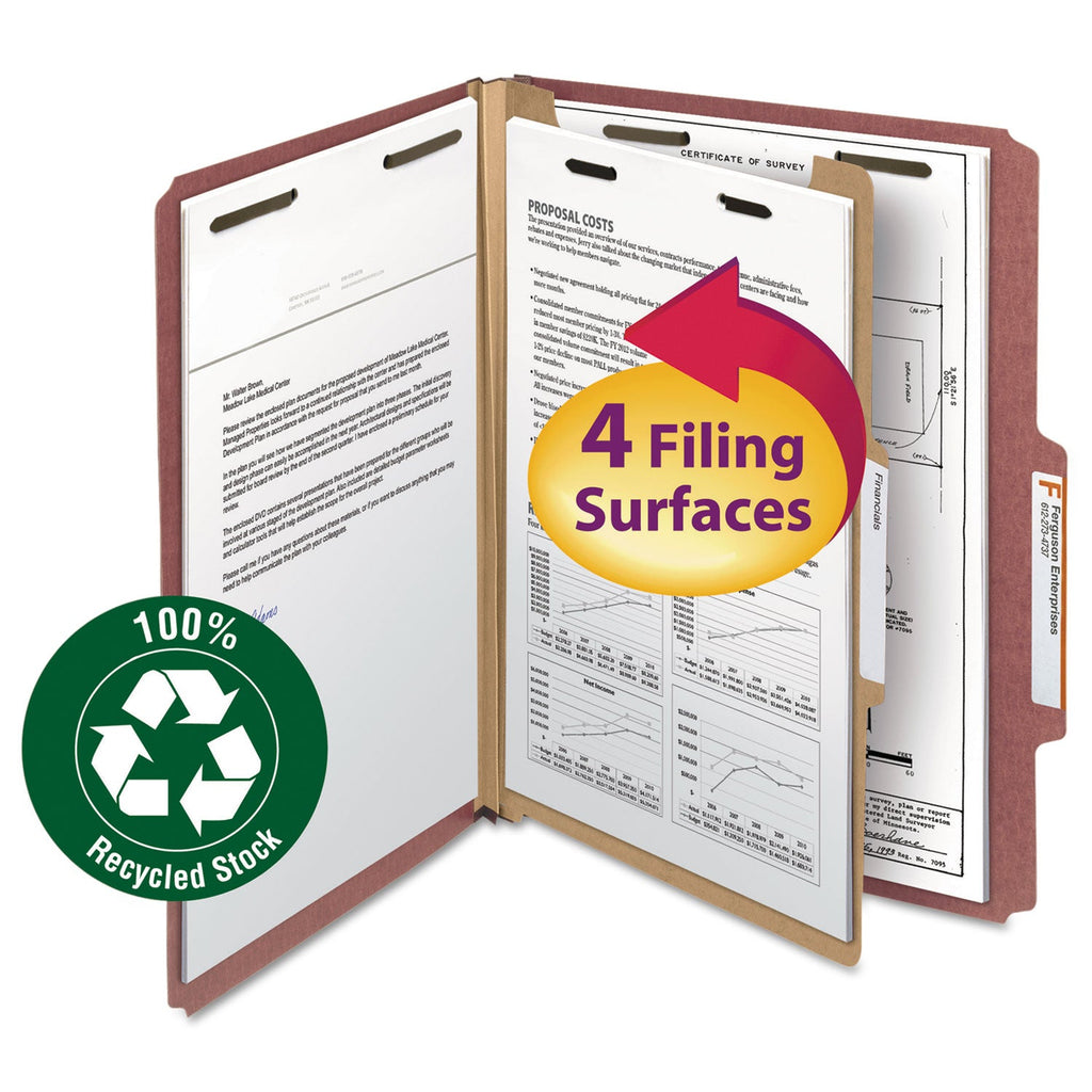 Smead 100% Recycled Pressboard Classification Folders, 1 Divider, Letter Size, Red, 10/Box