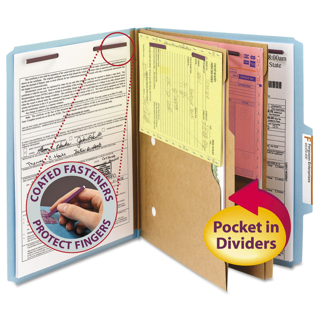 Smead 6-Section Pressboard Top Tab Pocket-Style Classification Folders with SafeSHIELD Fasteners, 2 Dividers, Letter, Blue, 10/Box