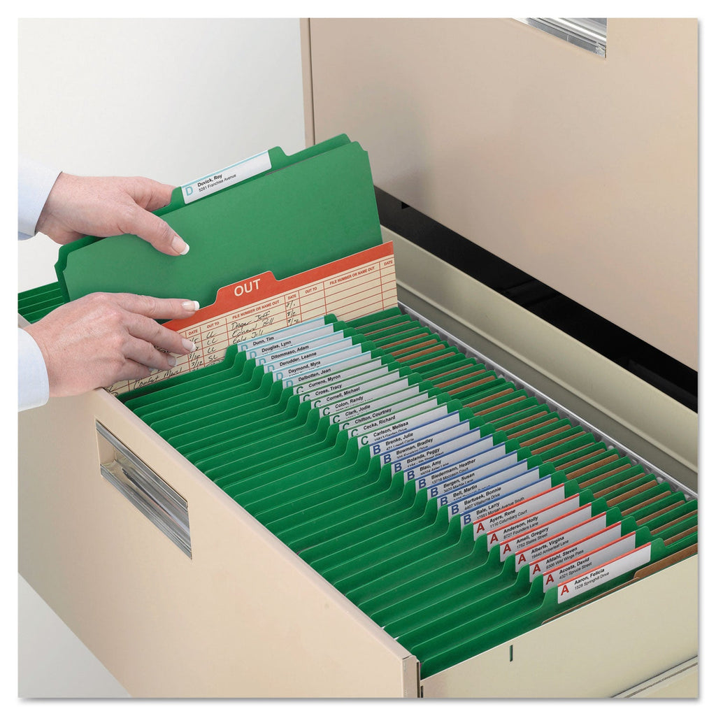 Smead Six-Section Pressboard Top Tab Classification Folders with SafeSHIELD Fasteners, 2 Dividers, Letter Size, Green, 10/Box