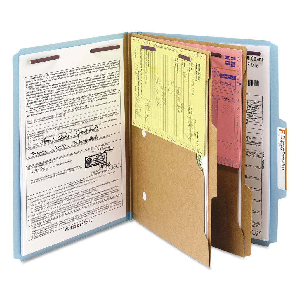 Smead 6-Section Pressboard Top Tab Pocket-Style Classification Folders with SafeSHIELD Fasteners, 2 Dividers, Letter, Blue, 10/Box
