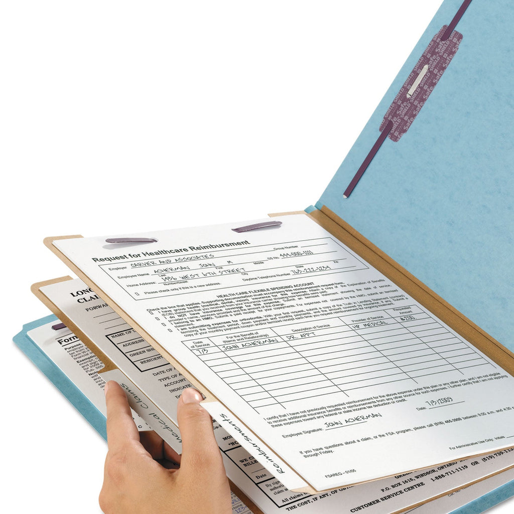 Smead Six-Section Pressboard Top Tab Classification Folders with SafeSHIELD Fasteners, 2 Dividers, Letter Size, Blue, 10/Box