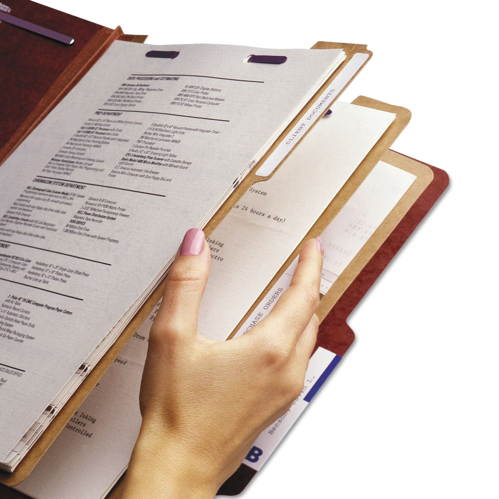 Smead Pressboard Classification Folders with SafeSHIELD Coated Fasteners, 2/5 Cut, 3 Dividers, Letter Size, Red, 10/Box
