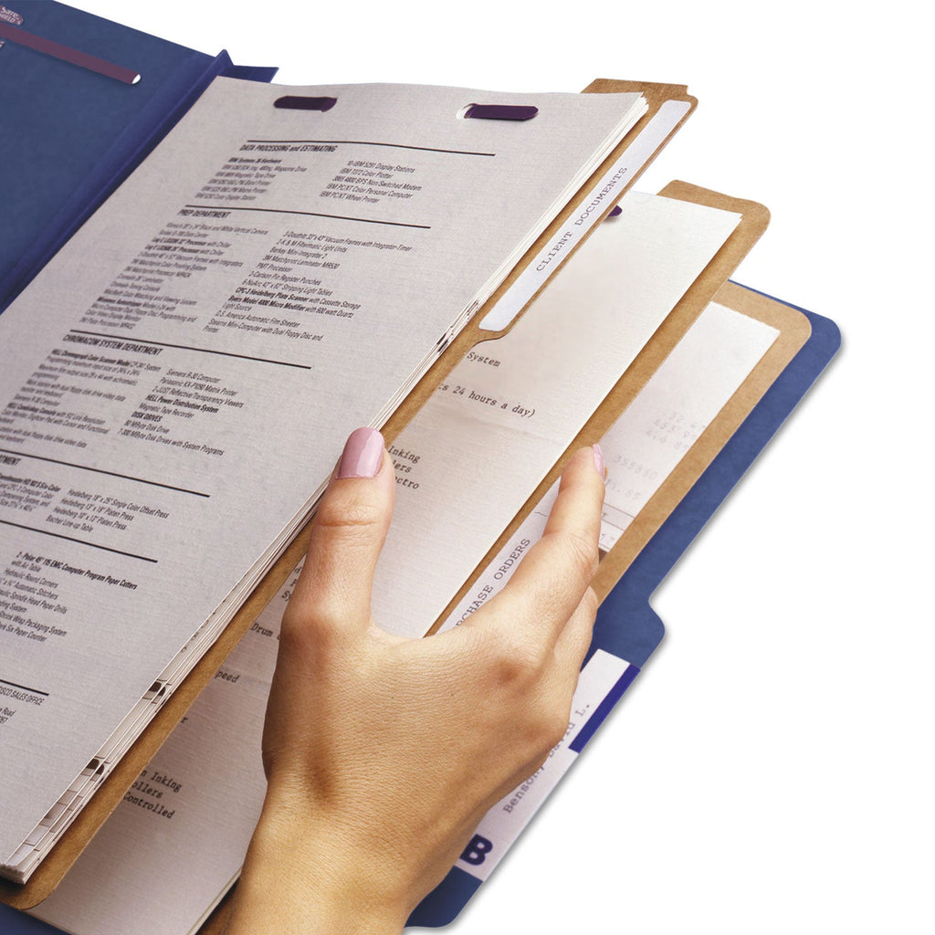 Smead Eight-Section Pressboard Top Tab Classification Folders with SafeSHIELD Fasteners, 3 Dividers, Letter Size, Dark Blue, 10/Box