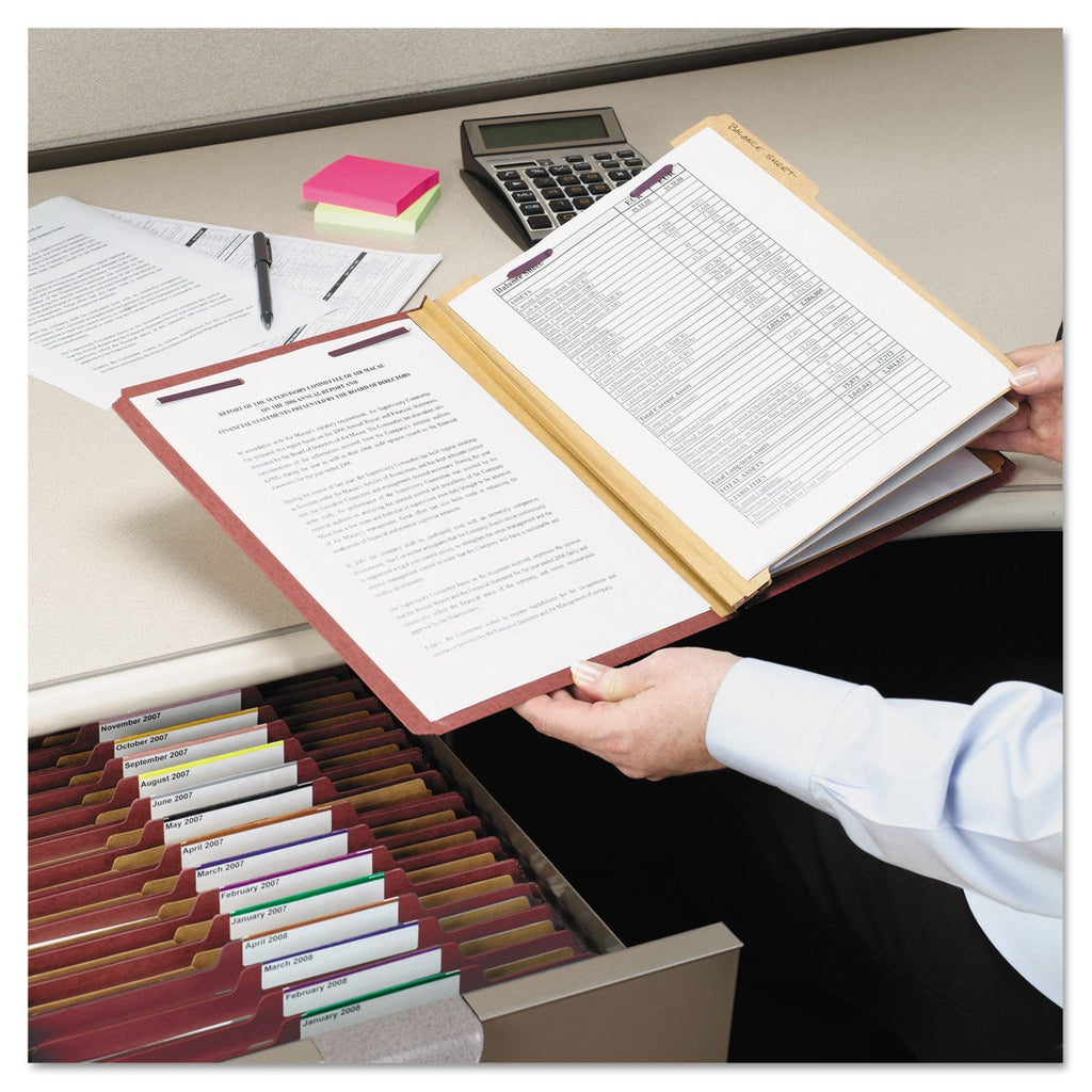 Smead Pressboard Classification Folders with SafeSHIELD Coated Fasteners, 2/5 Cut, 3 Dividers, Letter Size, Red, 10/Box