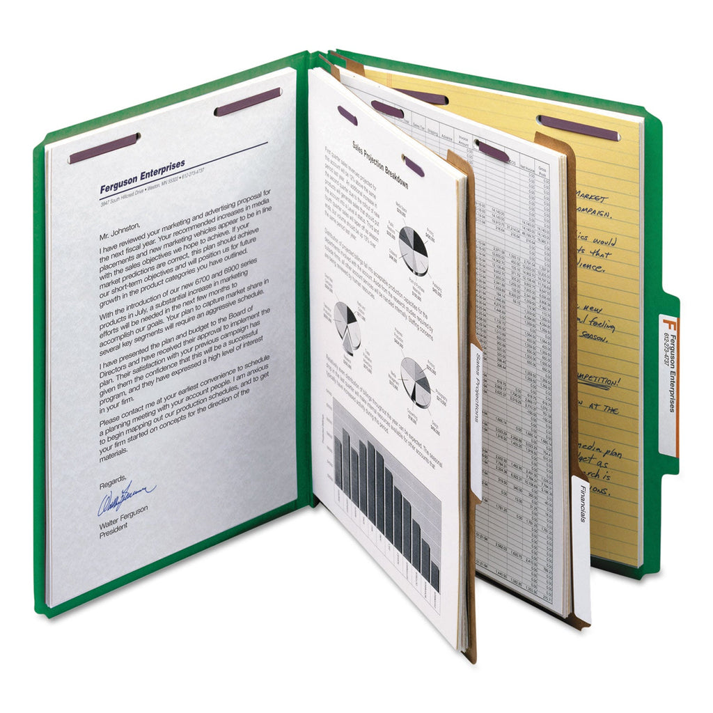 Smead Six-Section Pressboard Top Tab Classification Folders with SafeSHIELD Fasteners, 2 Dividers, Letter Size, Green, 10/Box