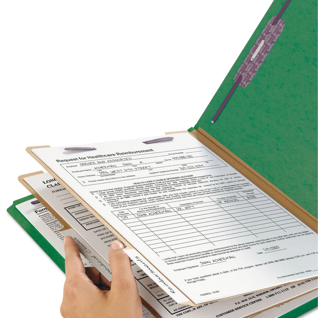 Smead Six-Section Pressboard Top Tab Classification Folders with SafeSHIELD Fasteners, 2 Dividers, Letter Size, Green, 10/Box