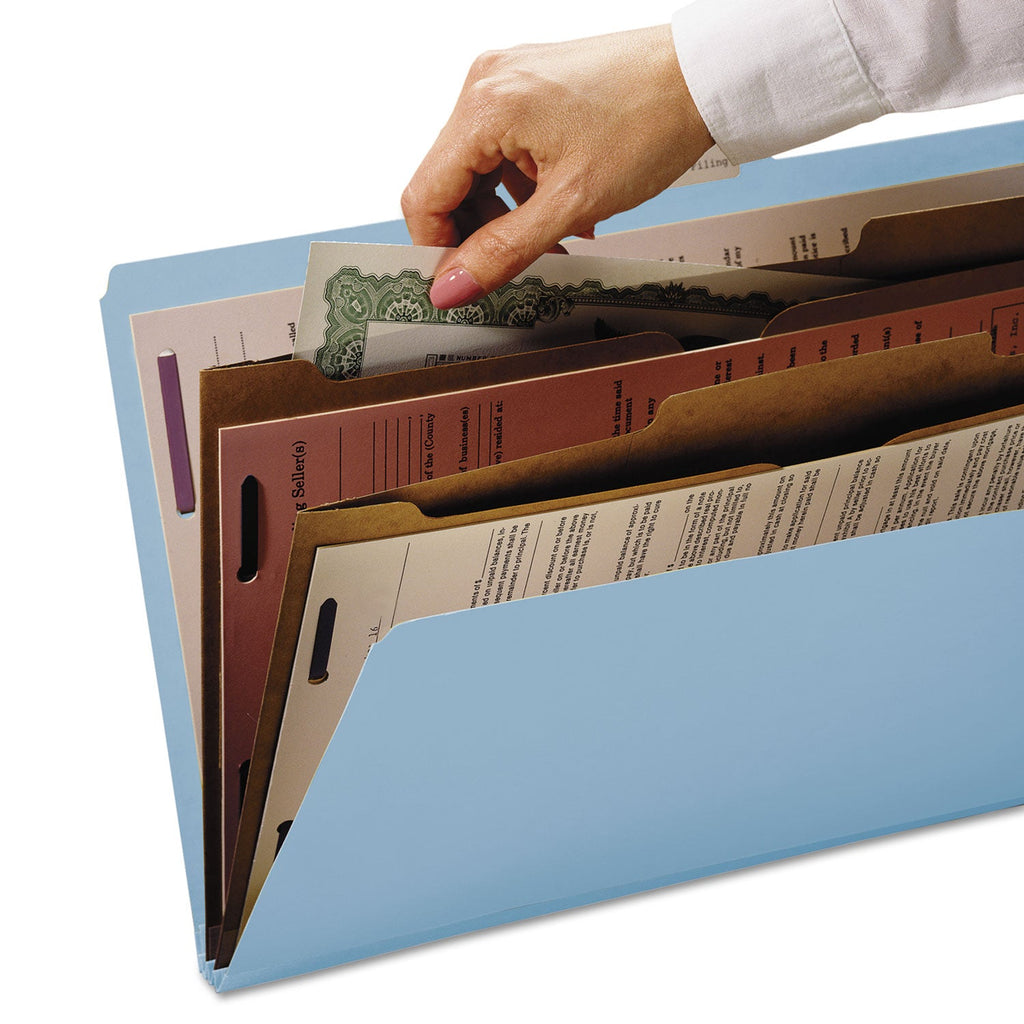 Smead 6-Section Pressboard Top Tab Pocket-Style Classification Folders with SafeSHIELD Fasteners, 2 Dividers, Letter, Blue, 10/Box