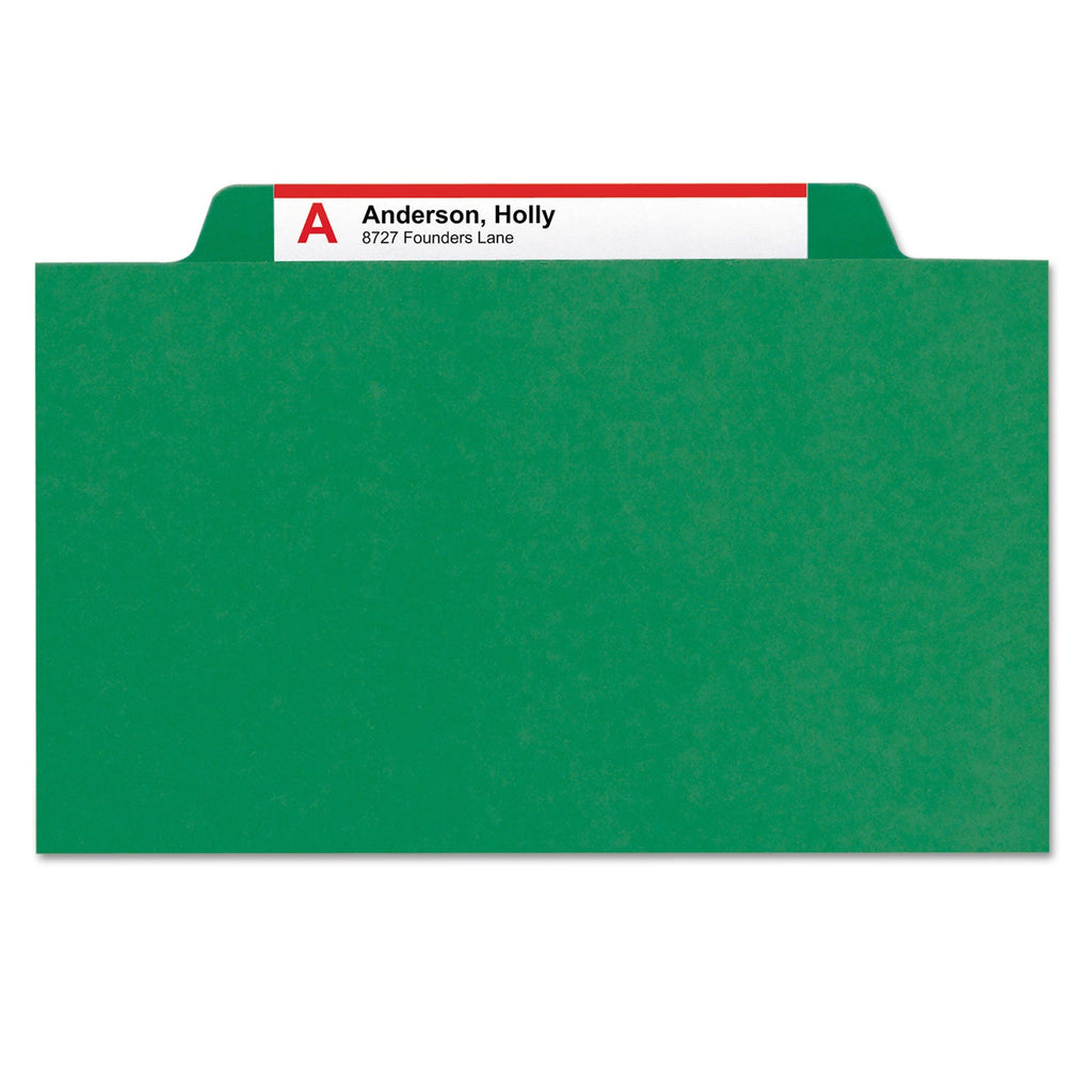 Smead Six-Section Pressboard Top Tab Classification Folders with SafeSHIELD Fasteners, 2 Dividers, Letter Size, Green, 10/Box