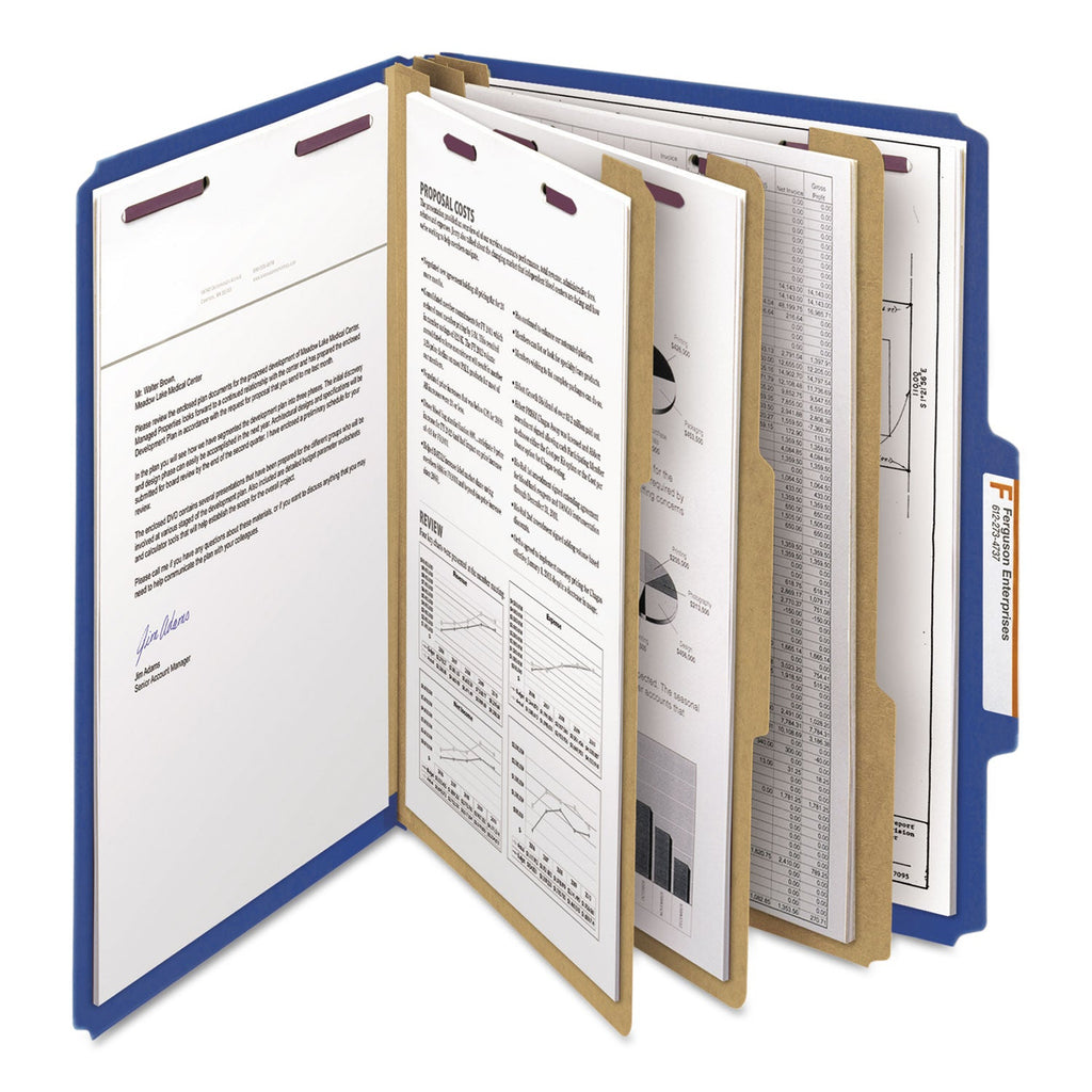 Smead Eight-Section Pressboard Top Tab Classification Folders with SafeSHIELD Fasteners, 3 Dividers, Letter Size, Dark Blue, 10/Box