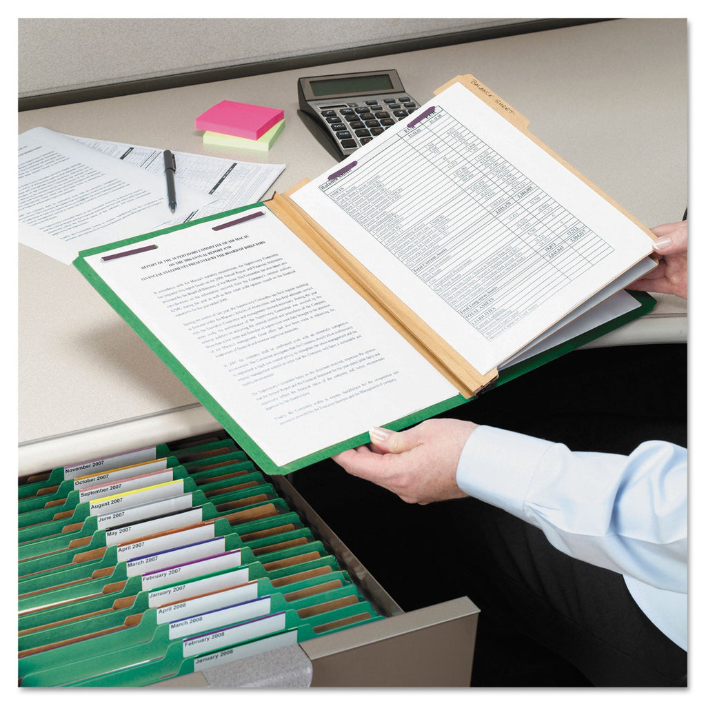 Smead Six-Section Pressboard Top Tab Classification Folders with SafeSHIELD Fasteners, 2 Dividers, Letter Size, Green, 10/Box