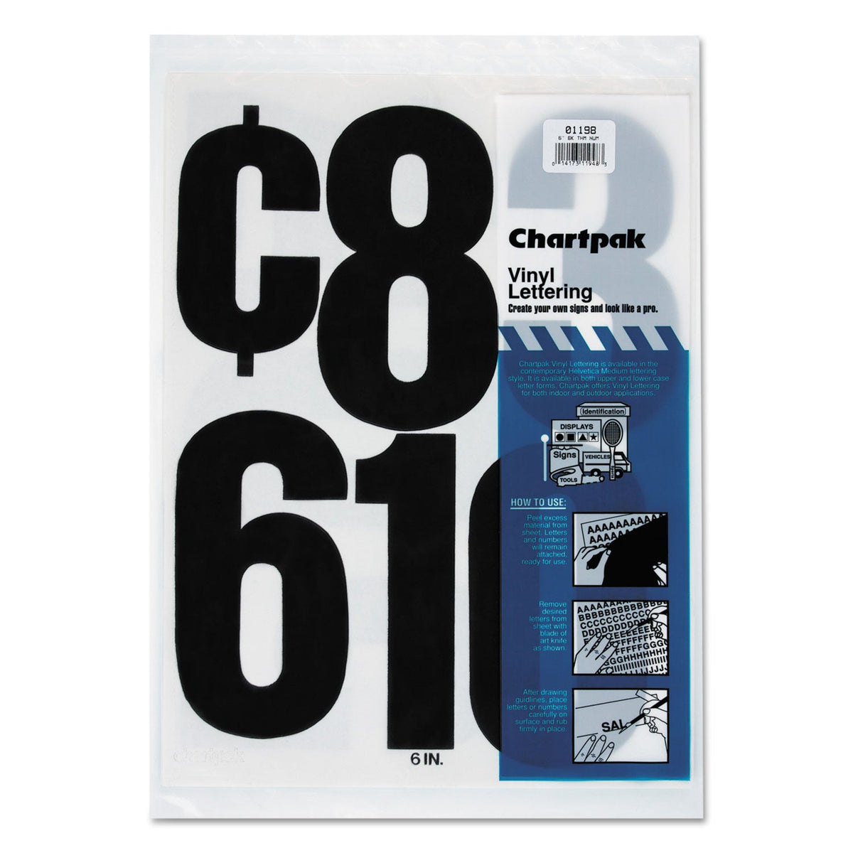 Chartpak Press-On Vinyl Numbers, Self Adhesive, Black, 6"h, 21/Pack