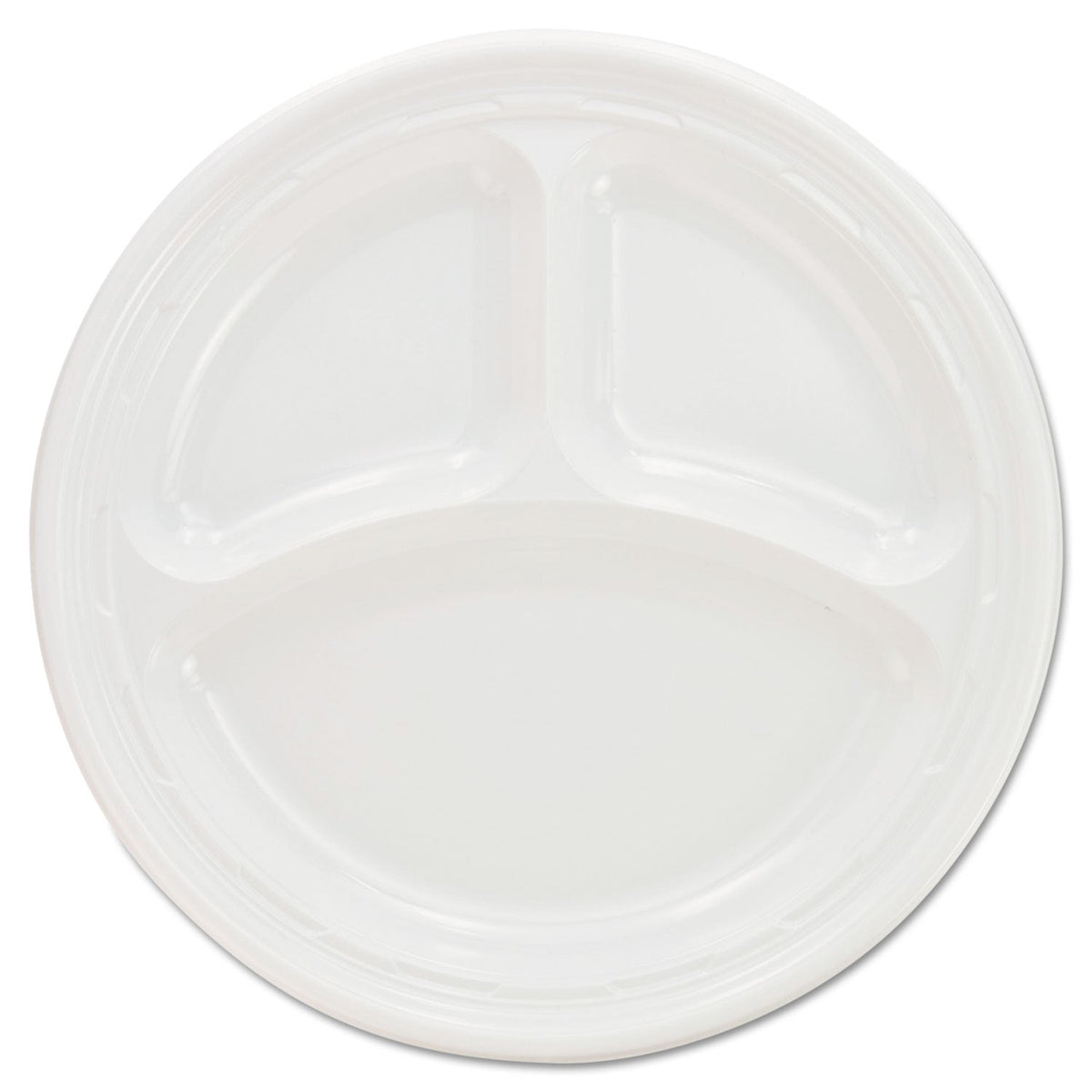 Dart Plastic Plates, 3-Compartment, 9" dia, White, 125/Pack, 4 Packs/Carton