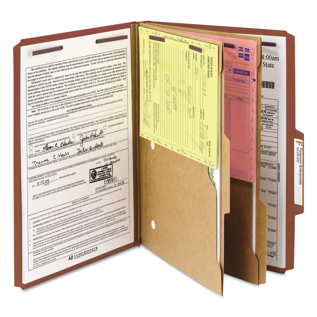 Smead 6-Section Pressboard Top Tab Pocket-Style Classification Folders with SafeSHIELD Fasteners, 2 Dividers, Legal, Red, 10/Box