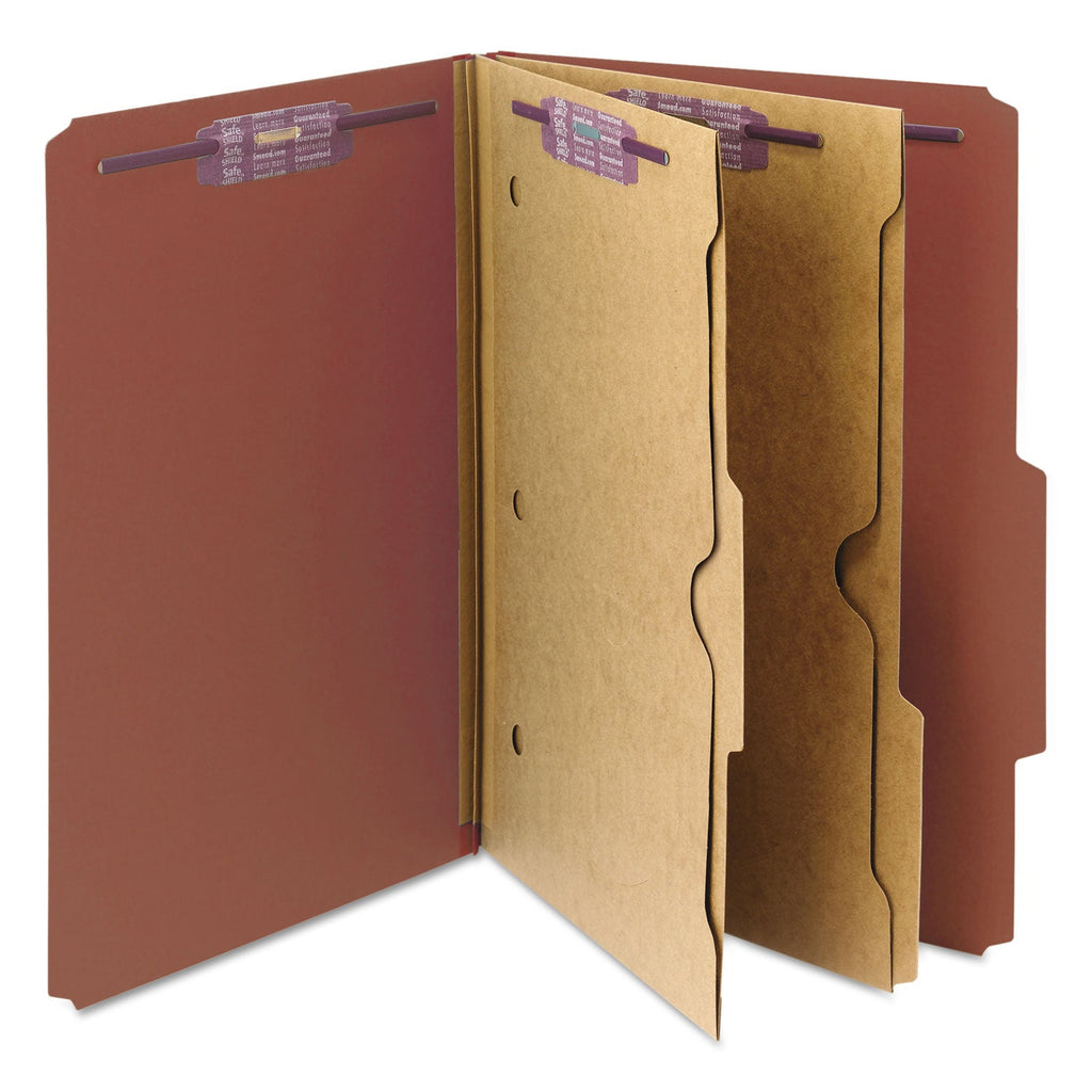 Smead 6-Section Pressboard Top Tab Pocket-Style Classification Folders with SafeSHIELD Fasteners, 2 Dividers, Legal, Red, 10/Box