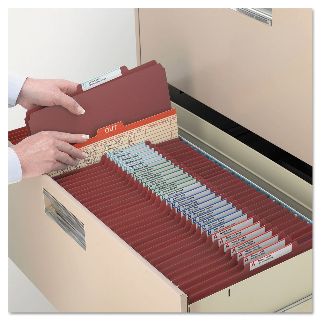 Smead 6-Section Pressboard Top Tab Pocket-Style Classification Folders with SafeSHIELD Fasteners, 2 Dividers, Legal, Red, 10/Box