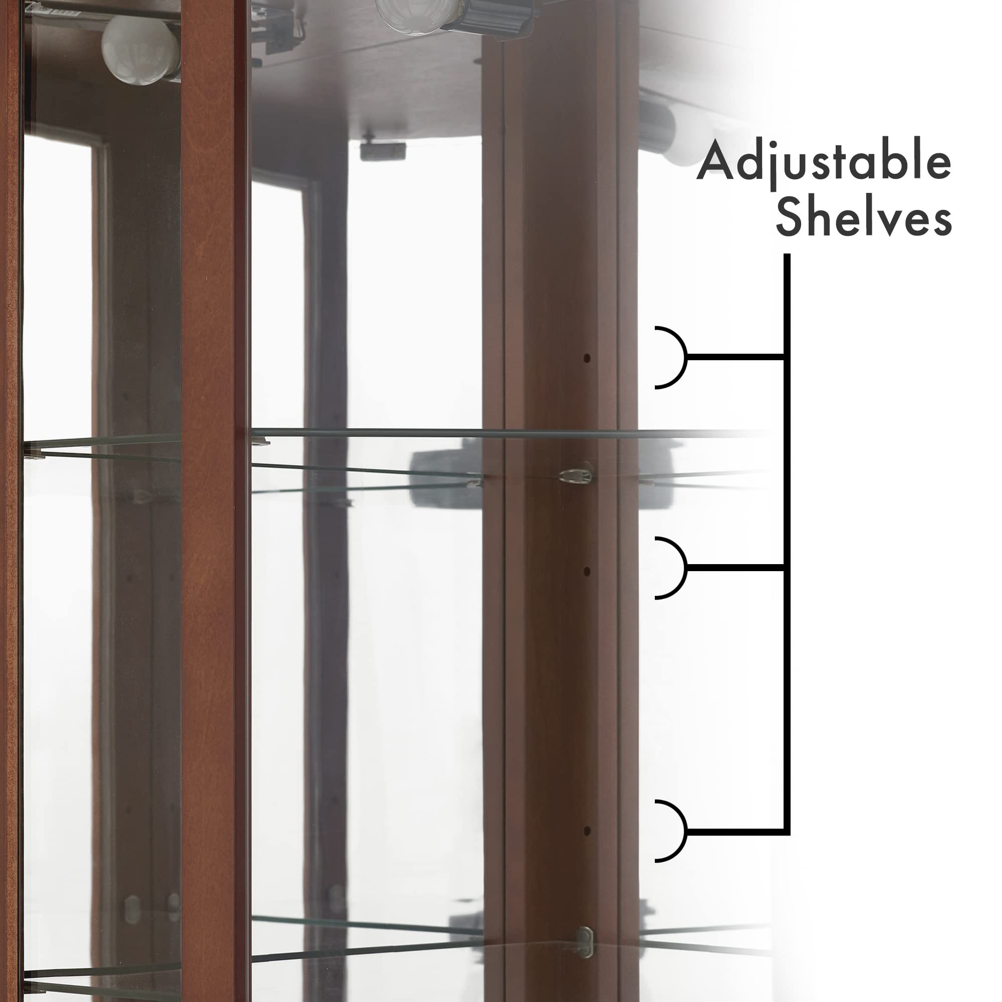 6 shelves corner Curio display cabinet with light mirror and adjustable shelves, walnut wood (excluding E26 light bulbs)