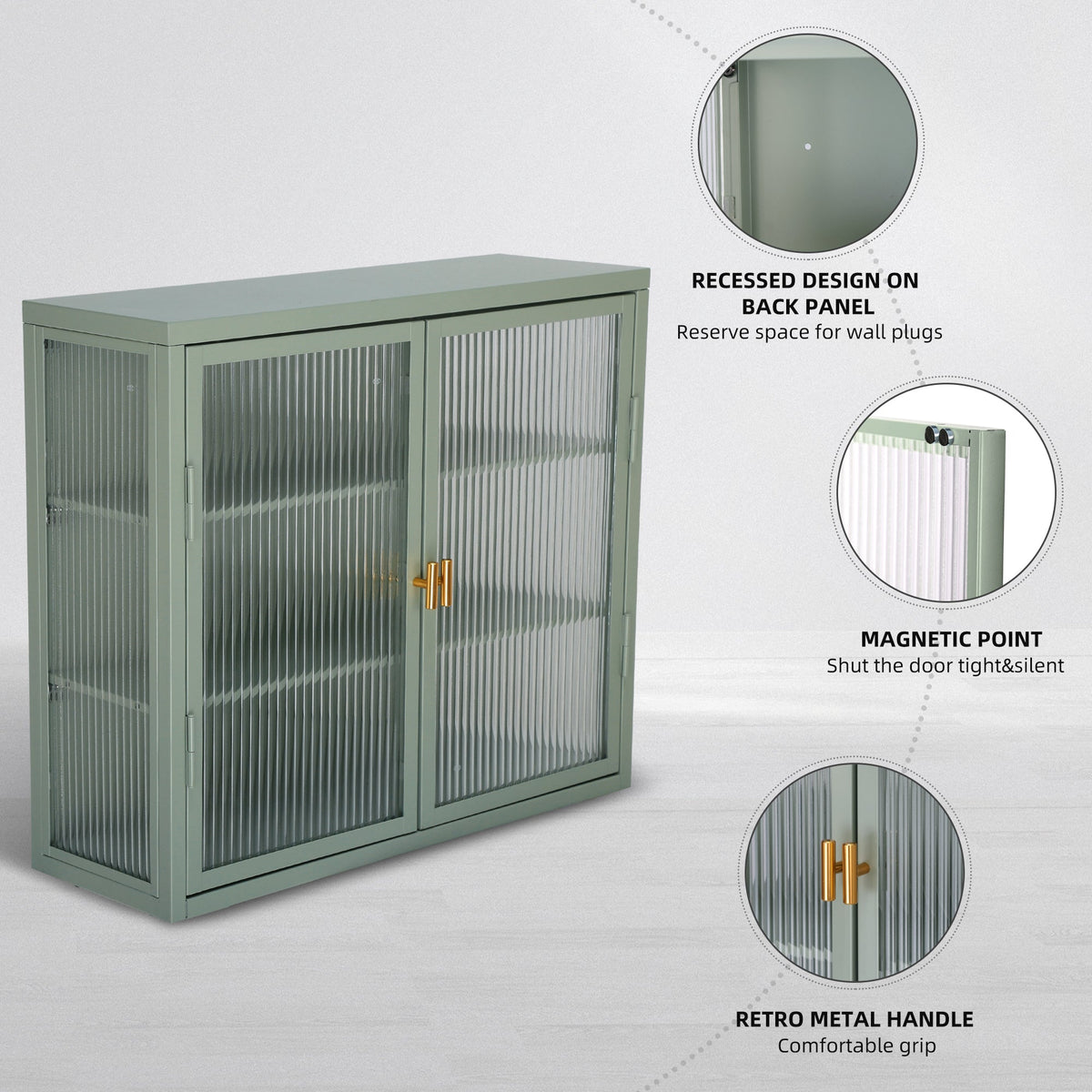 Retro Style Haze Double Glass Door Wall Cabinet With Detachable Shelves for Office Dining Room Living Room Kitchen
