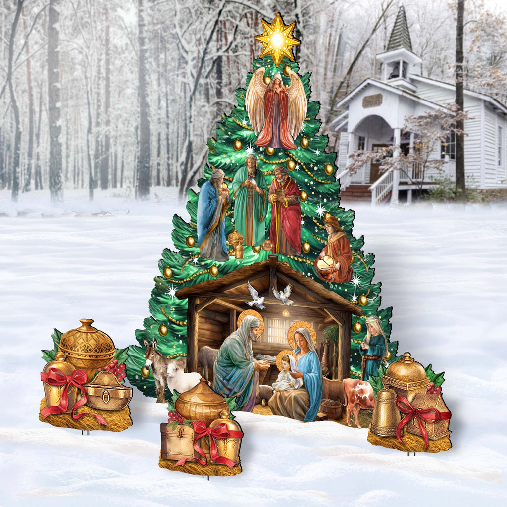 Nativity-Themed Christmas Tree Set Outdoor Indoor Décor Wooden Christmas Decoration by G. Debrekht Christmas Décor - 8191503-3F-G