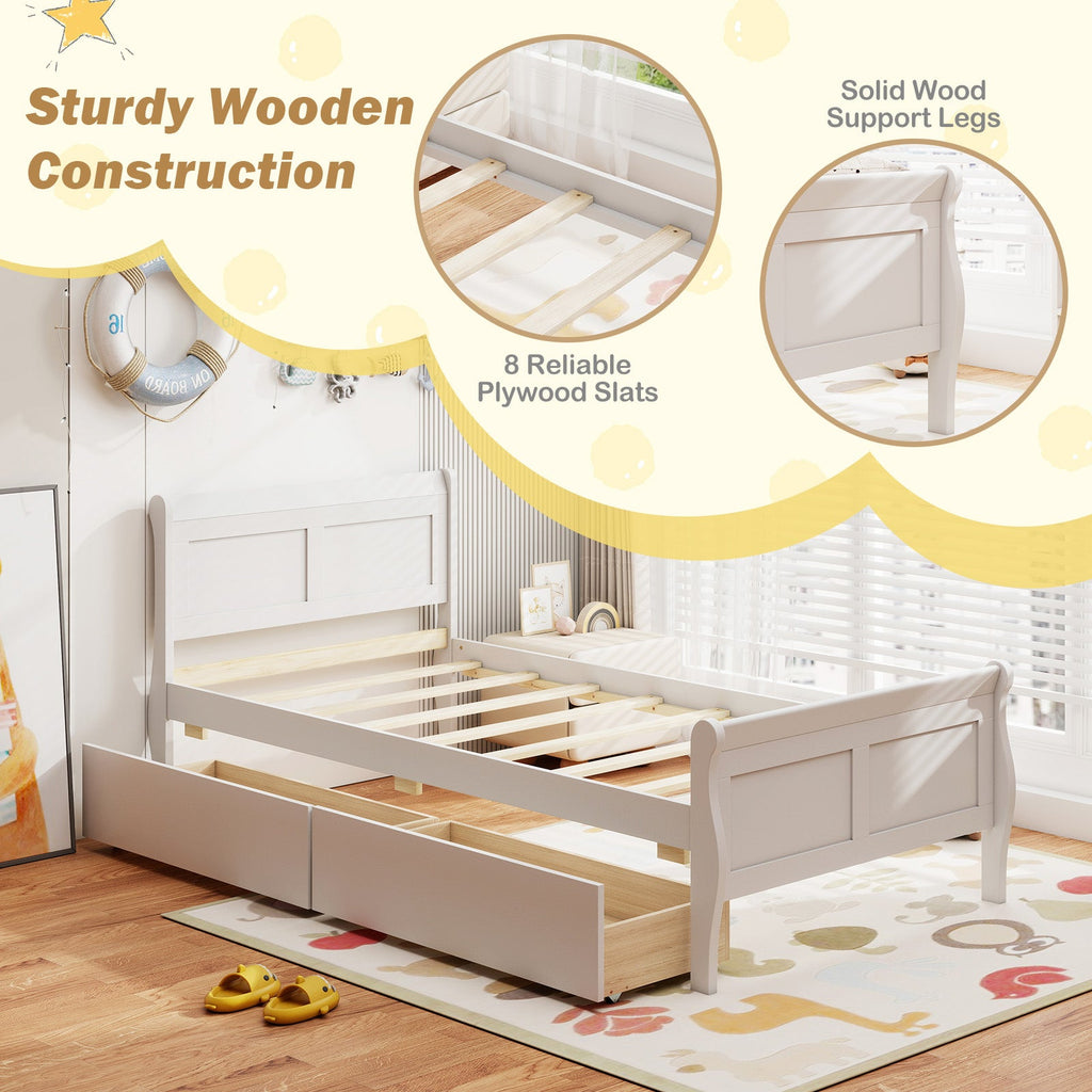 Twin Size Sleigh Bed with 2 Storage Drawers Wood Platform Bed Frame