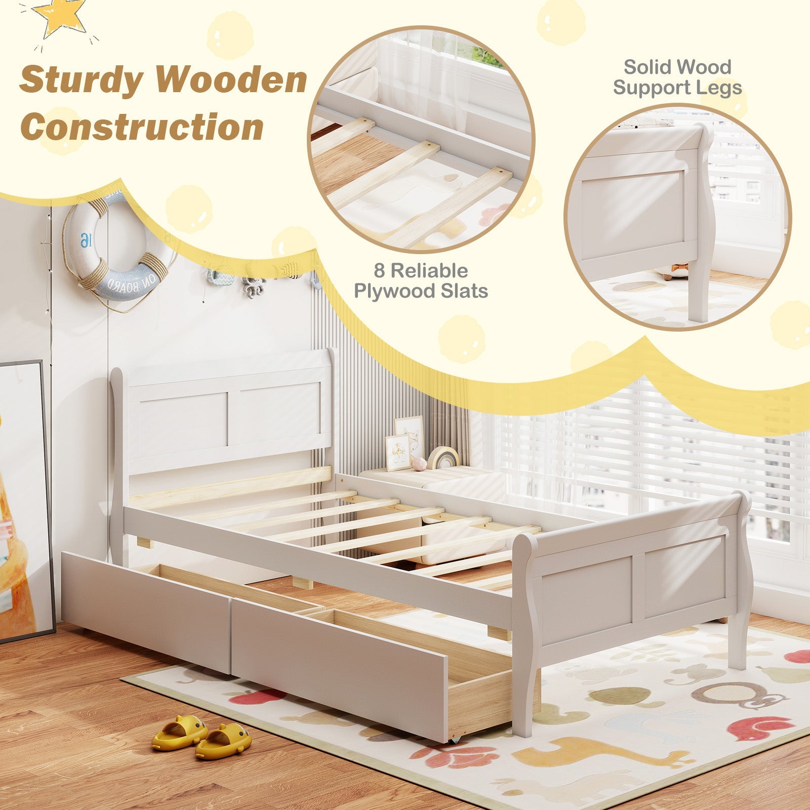 Twin Size Sleigh Bed with 2 Storage Drawers Wood Platform Bed Frame