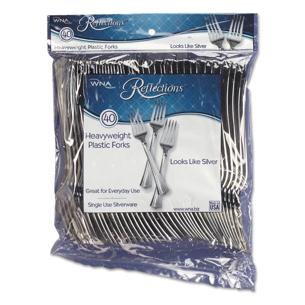 WNA Reflections Heavyweight Plastic Utensils, Fork, Silver, 7", 40/pack