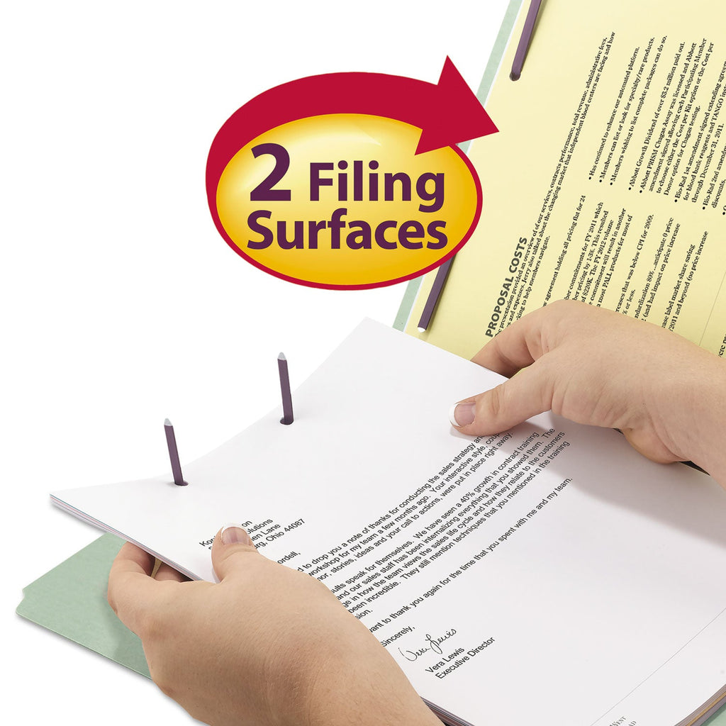 Smead Recycled Pressboard Folders with Two SafeSHIELD Coated Fasteners, 2" Expansion, 1/3-Cut Tab, Letter Size, Gray-Green, 25/Box