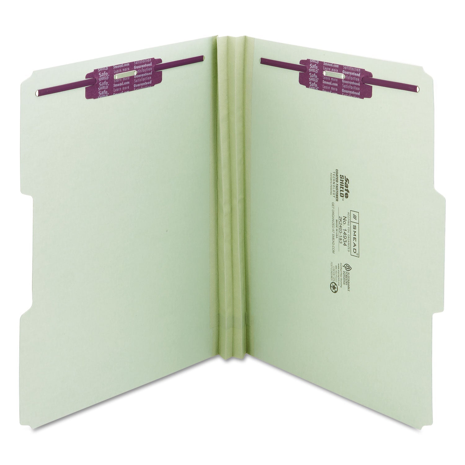 Smead Recycled Pressboard Folders with Two SafeSHIELD Coated Fasteners, 2" Expansion, 1/3-Cut Tab, Letter Size, Gray-Green, 25/Box