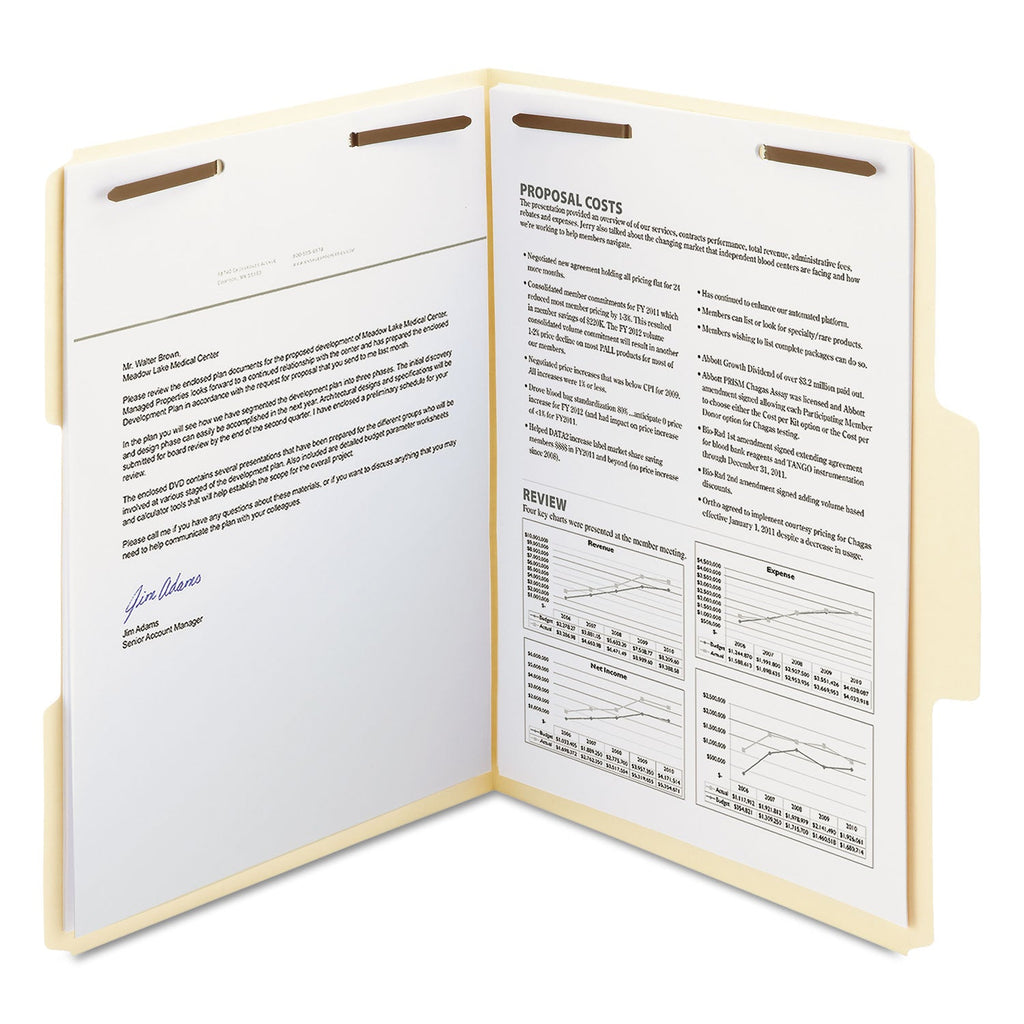 Smead SuperTab Reinforced Guide Height Fastener Folders, 2 Fasteners, Letter Size, 11-pt Manila Exterior, 50/Box