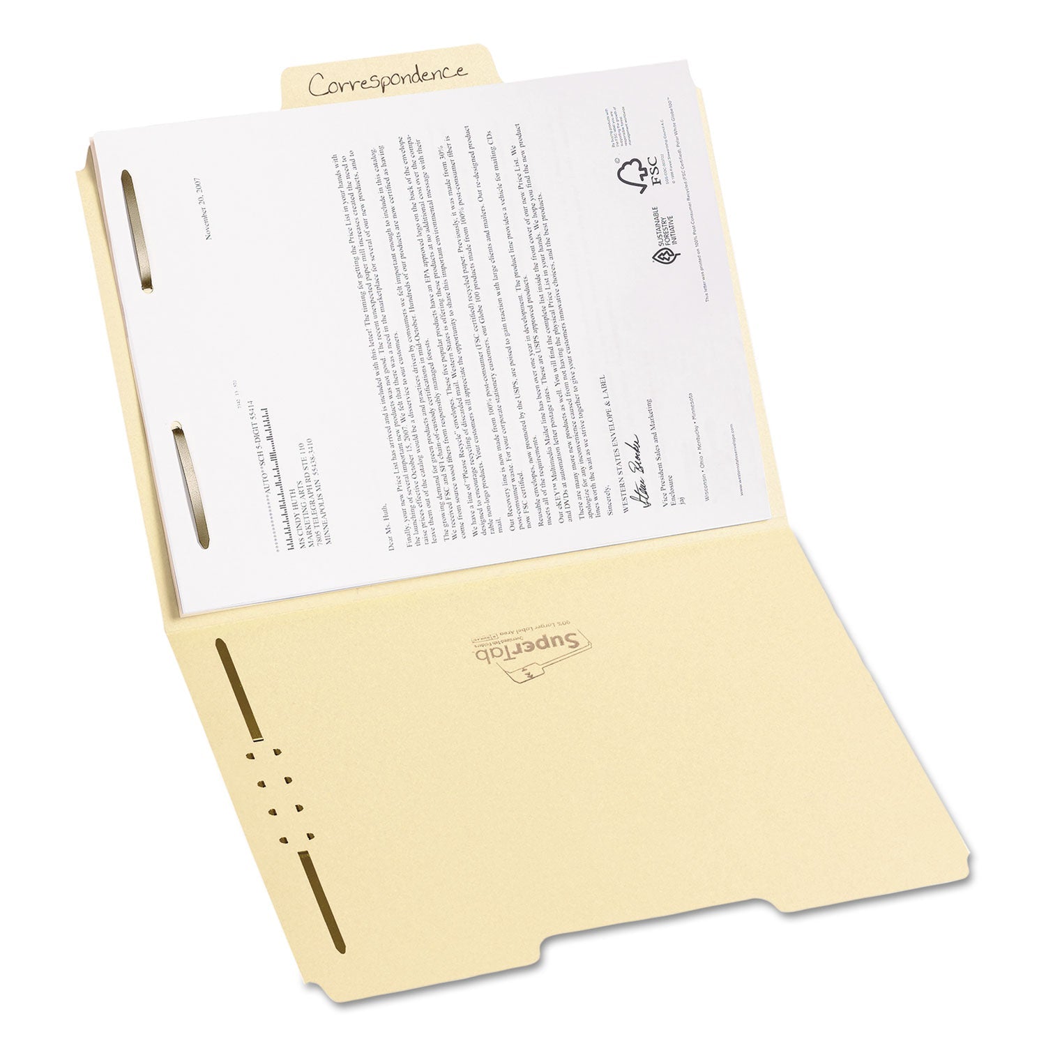 Smead SuperTab Reinforced Guide Height Fastener Folders, 2 Fasteners, Letter Size, 11-pt Manila Exterior, 50/Box