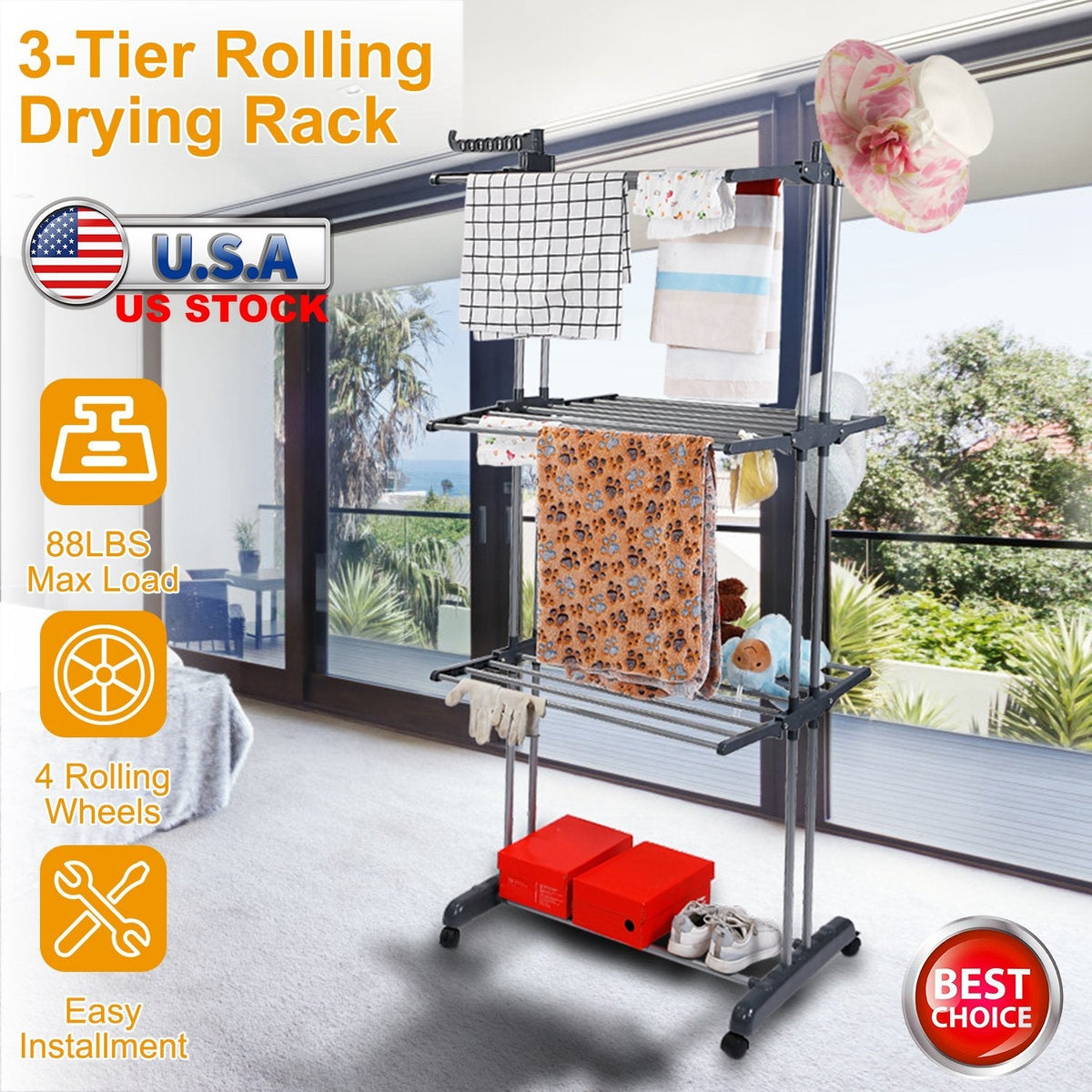 Clothes Drying Rack Rolling Collapsible Laundry Dryer Hanger Stand Rail Shelve_x000B__x000B_Wardrobe Clothing Drying Racks w/ Dual Side Wings