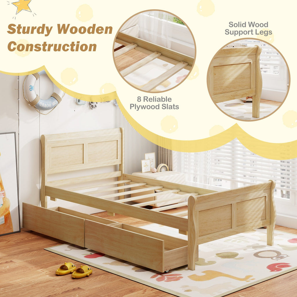Twin Size Sleigh Bed with 2 Storage Drawers Wood Platform Bed Frame