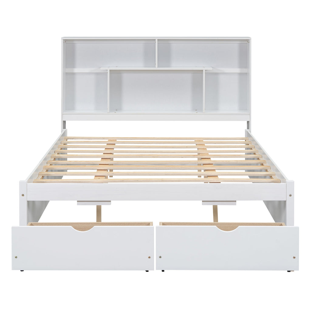 Queen Size Platform Bed with Storage Headboard and 2 Drawers, White