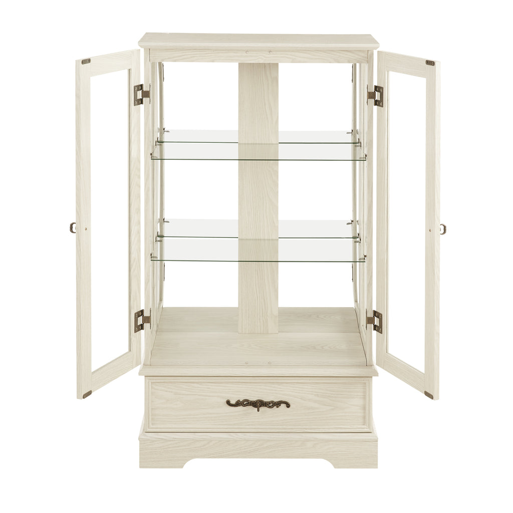 Light colored glass cabinet Curio display cabinet with adjustable glass frame, 2 doors and 1 drawer, including white light bulbs