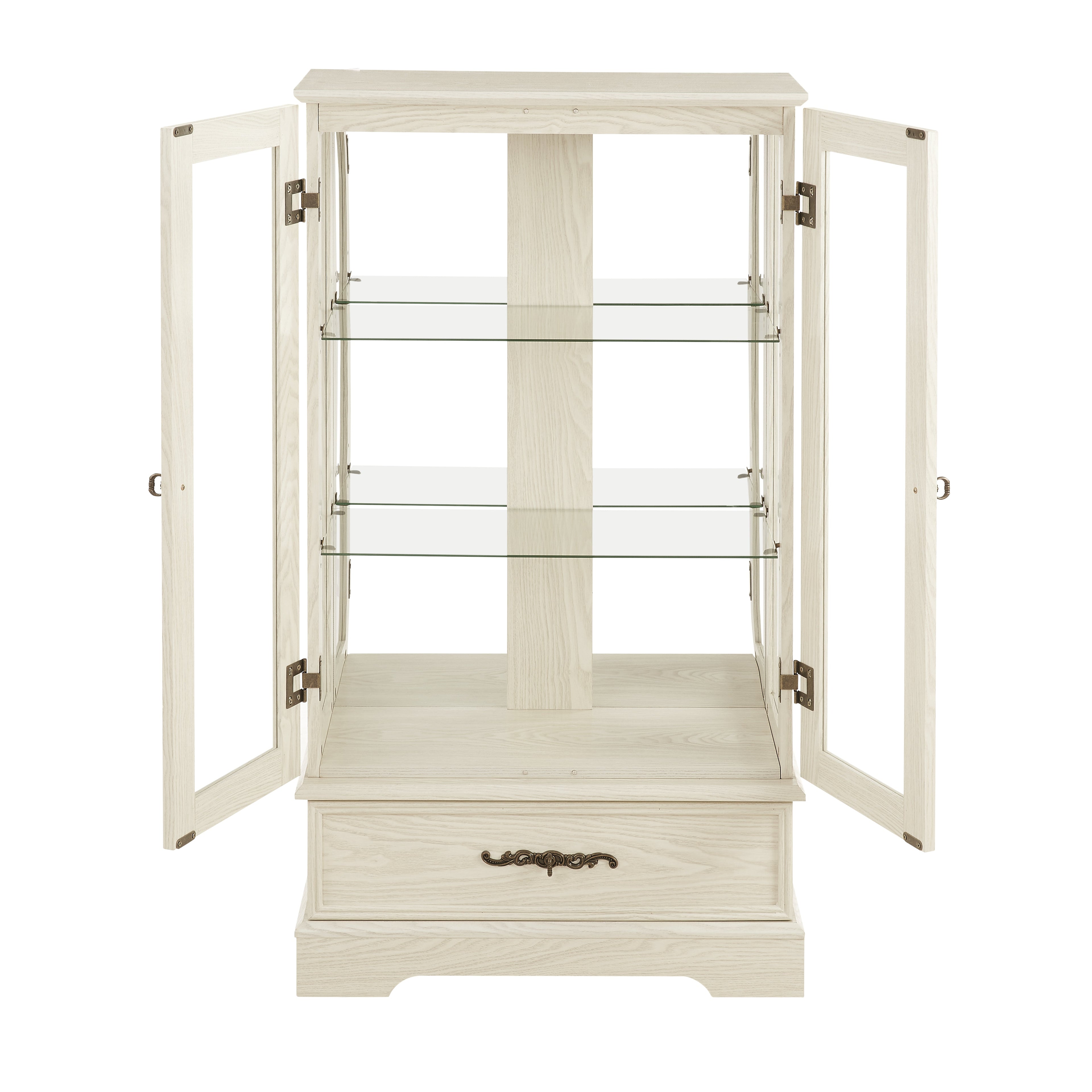 Light colored glass cabinet Curio display cabinet with adjustable glass frame, 2 doors and 1 drawer, including white light bulbs