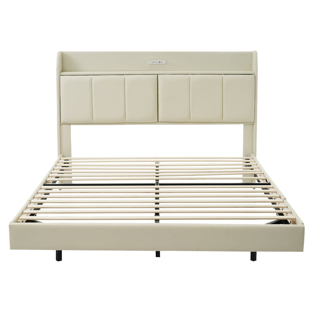 Large floating bed frame with storage headboard, touch sensor, night light and USB charger, padded platform bed, beige color