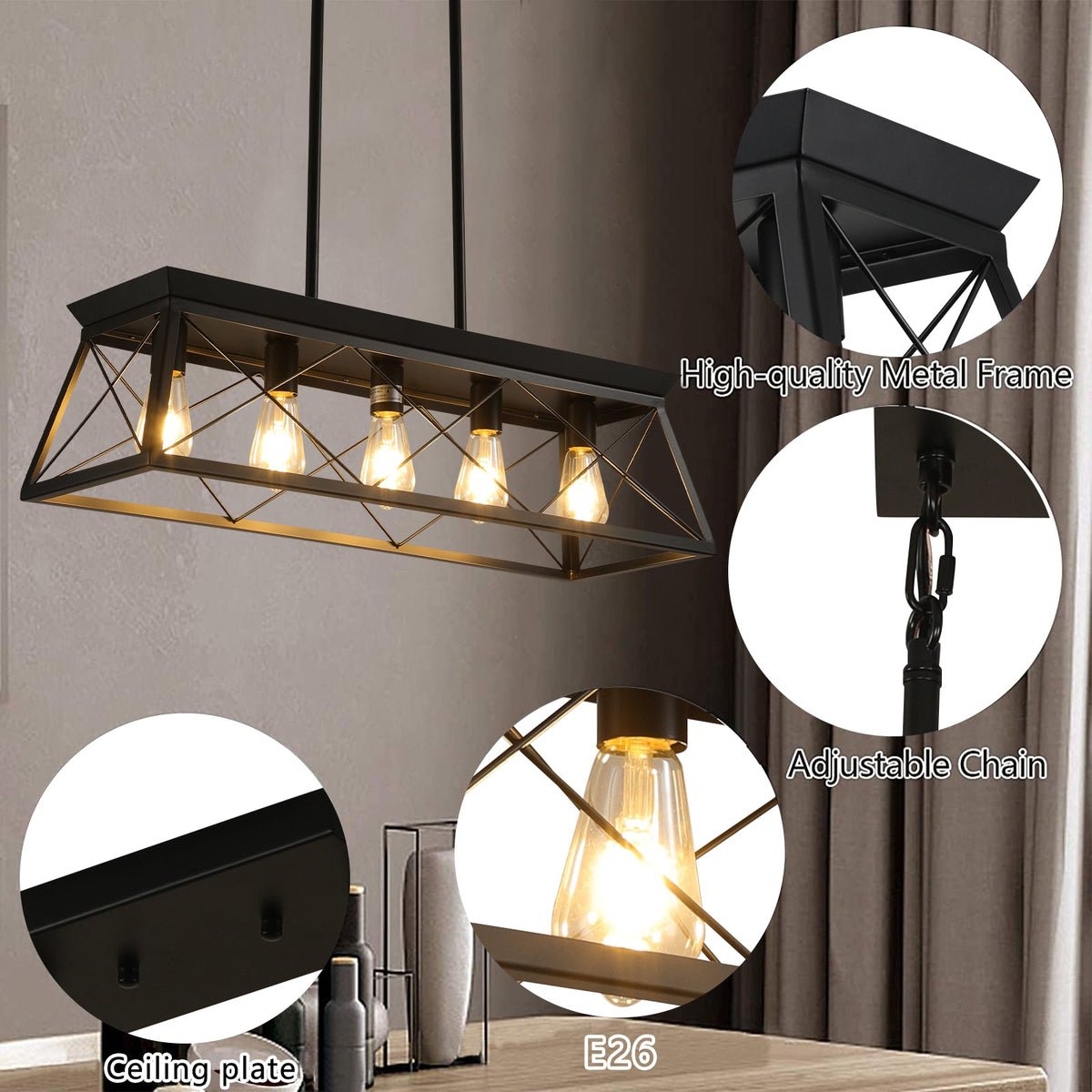 5-light farmhouse pendant light, metal pendant light island fixture, modern rectangular island light, pure black (no bulb)