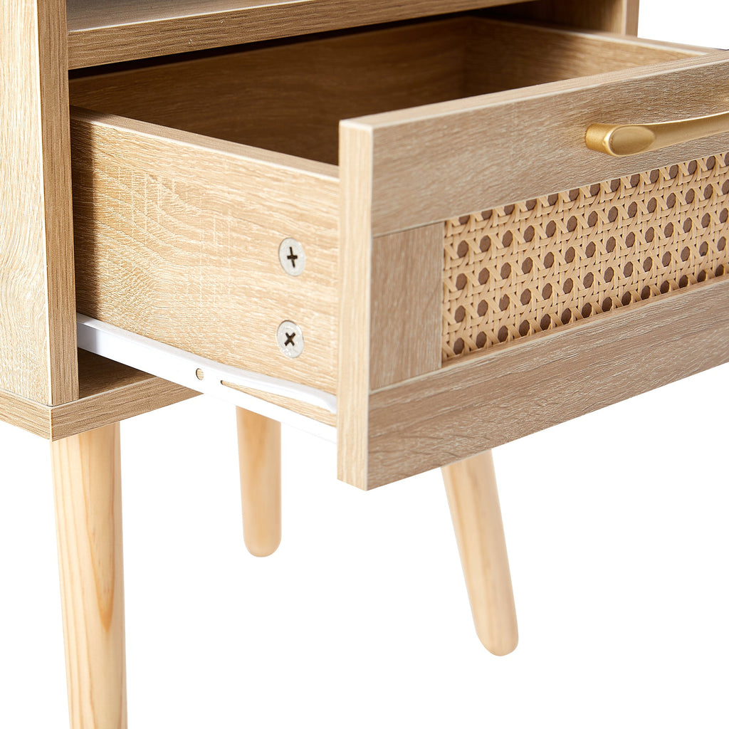 15.75" Rattan End table with Power Outlet & USB Ports  Modern nightstand with drawer and solid wood legs