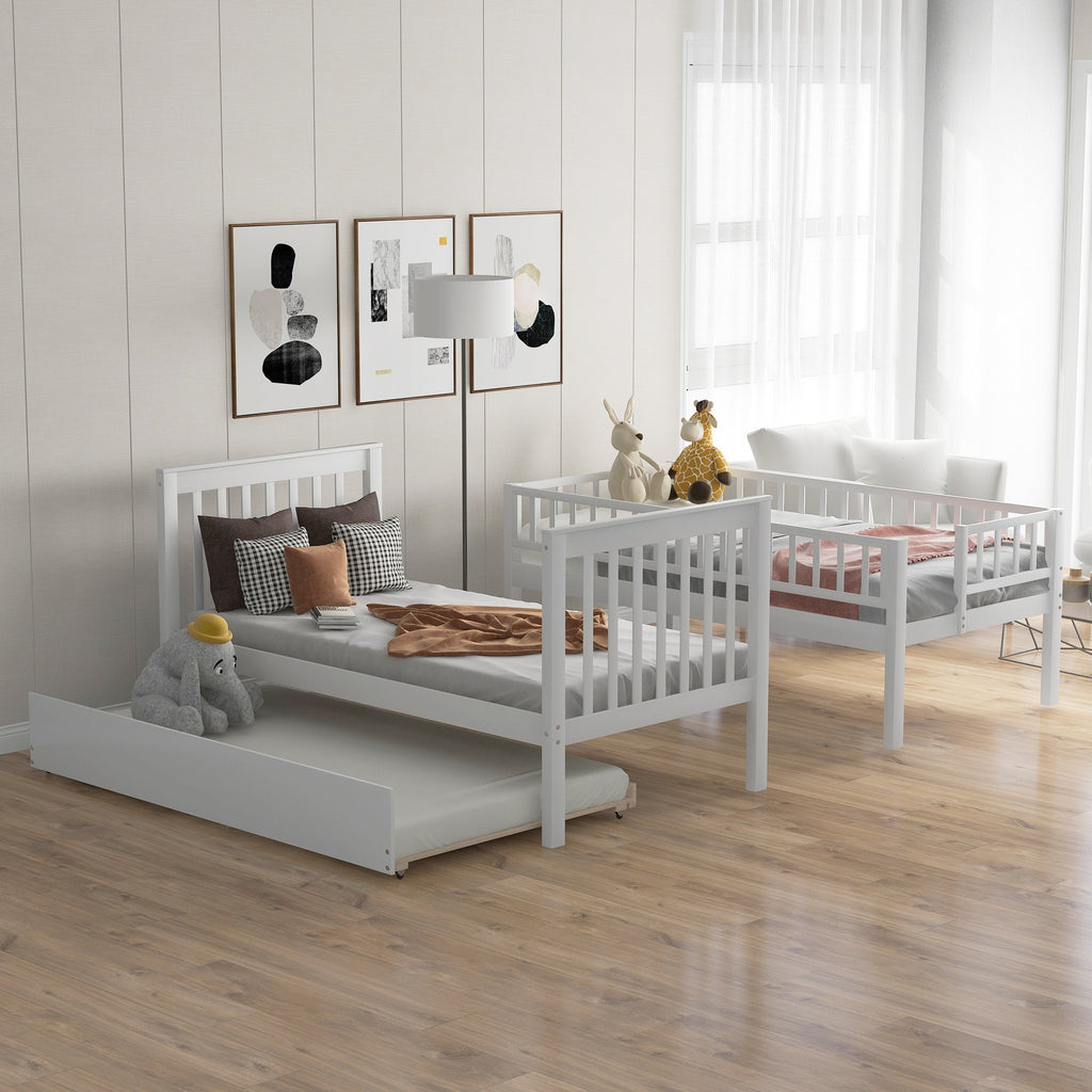 Twin over Twin Bunk Bed with Trundle and Storage  White