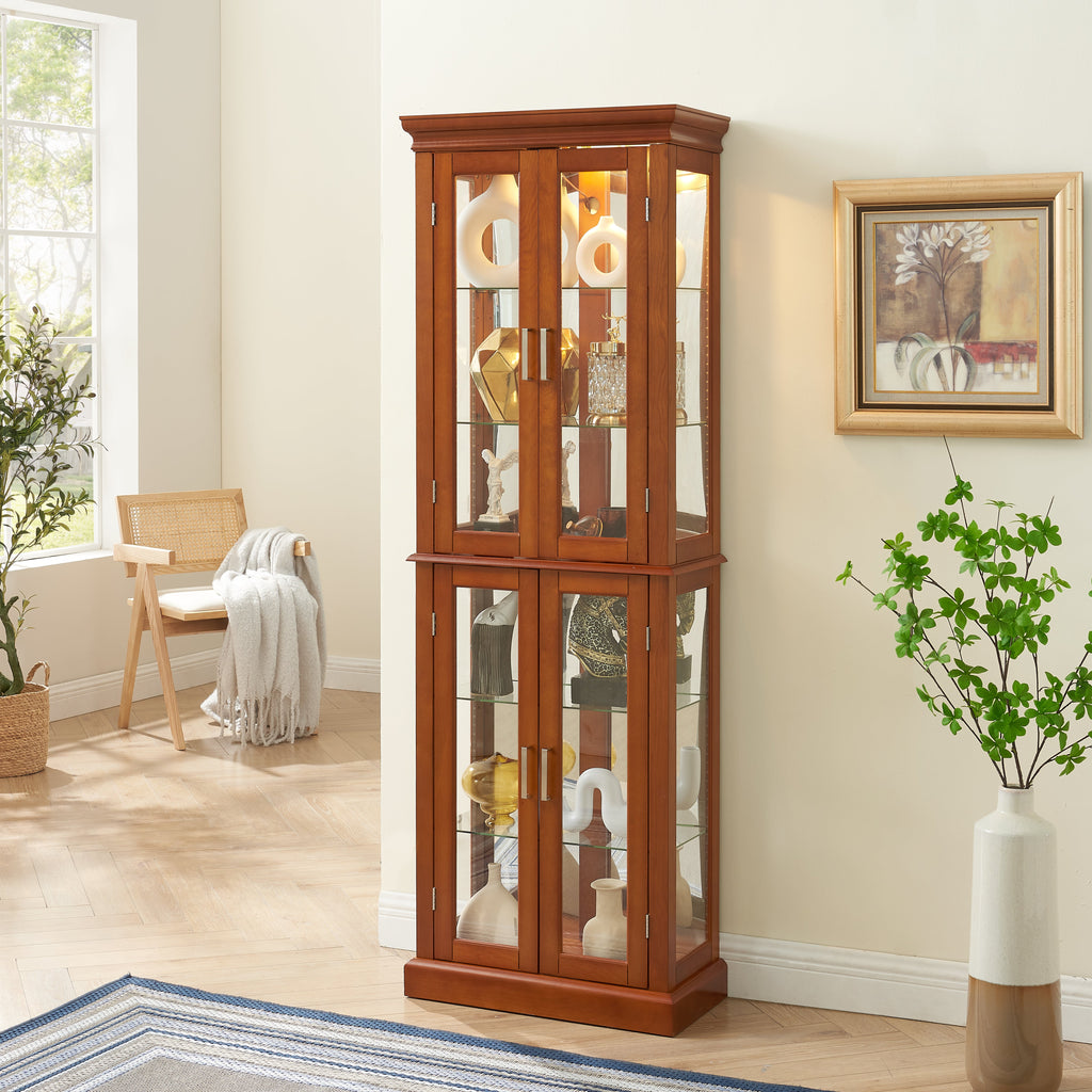 Lighting Curio Diapali cabinet with adjustable shelves, mirror back panel, tempered glass door (without light bulb), walnut wood