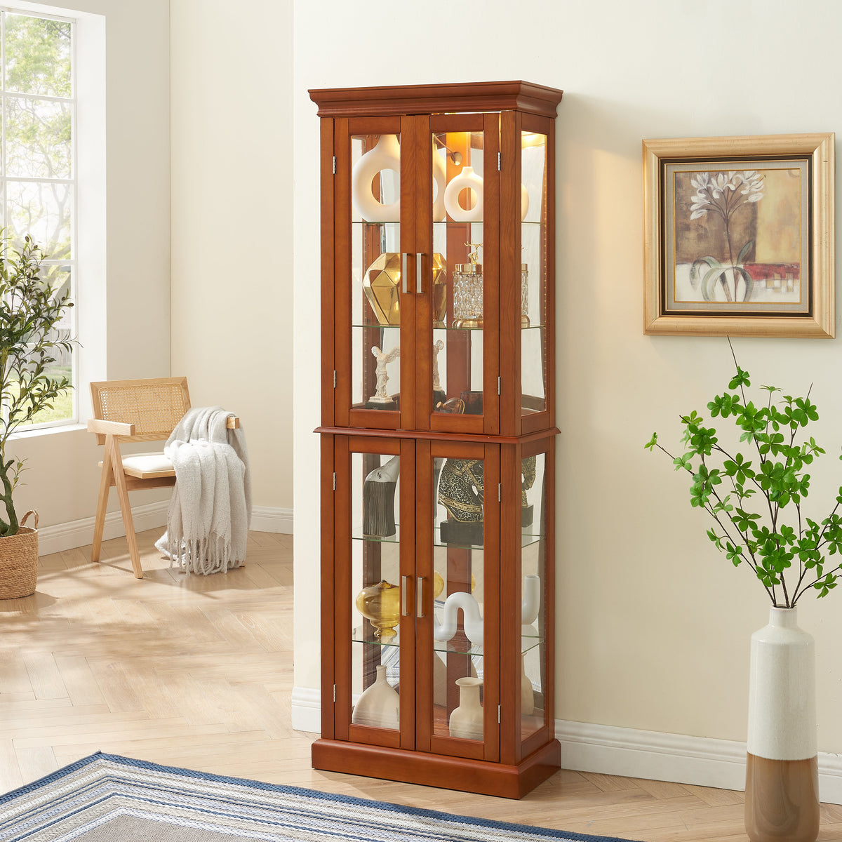 Lighting Curio Diapali cabinet with adjustable shelves, mirror back panel, tempered glass door (without light bulb), walnut wood