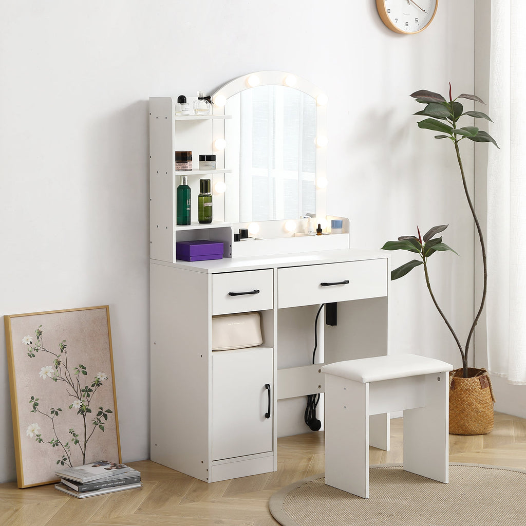 Vanity desk set including table with large lighted mirror 3 color lighting modes adjustable brightness white color