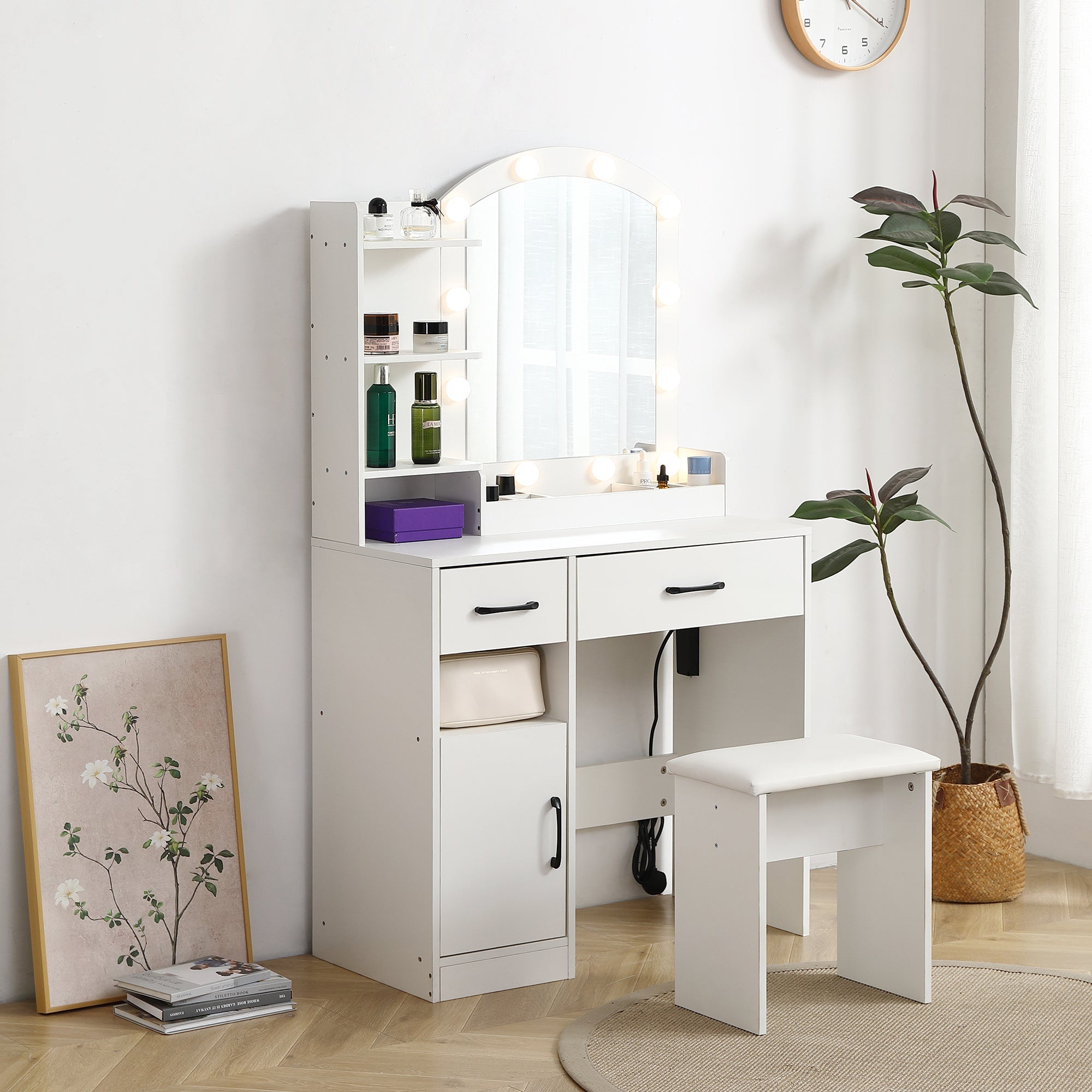 Vanity desk set including table with large lighted mirror 3 color lighting modes adjustable brightness white color