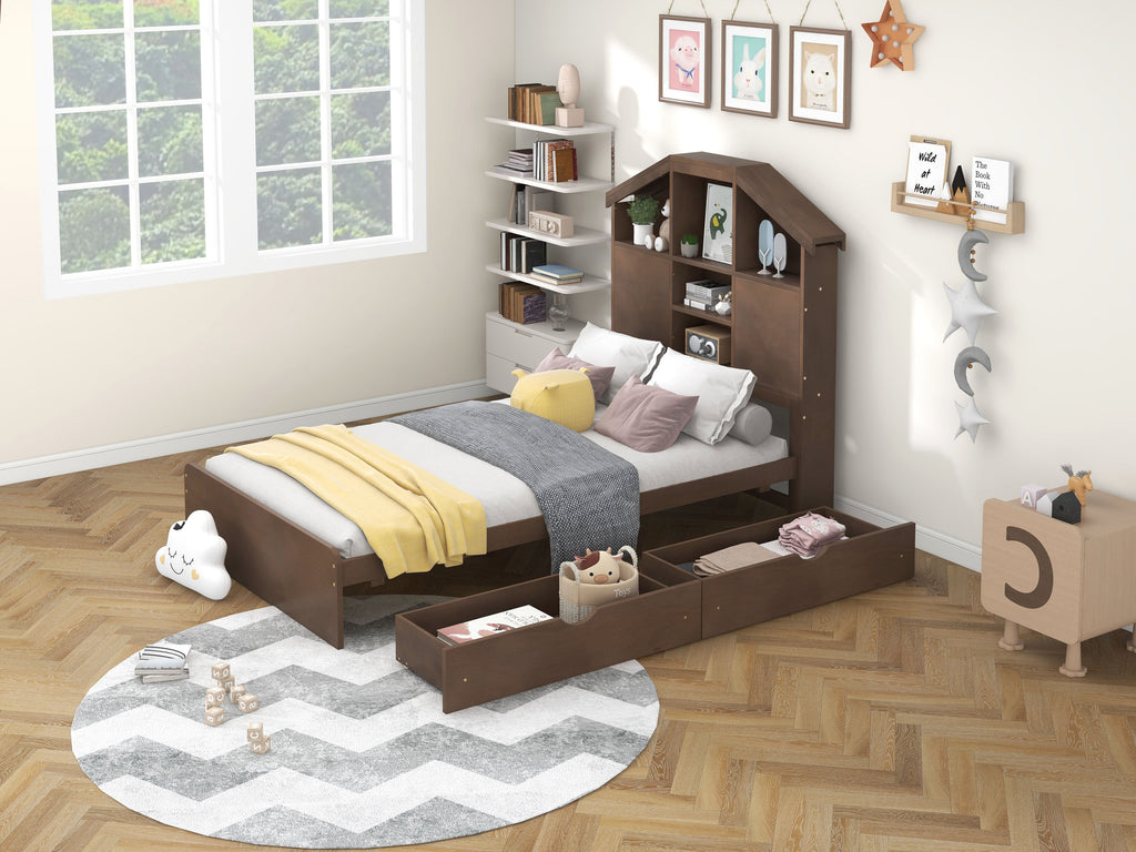 Twin Size Wood Platform Bed with House-shaped Storage Headboard and 2 Drawers Walnut
