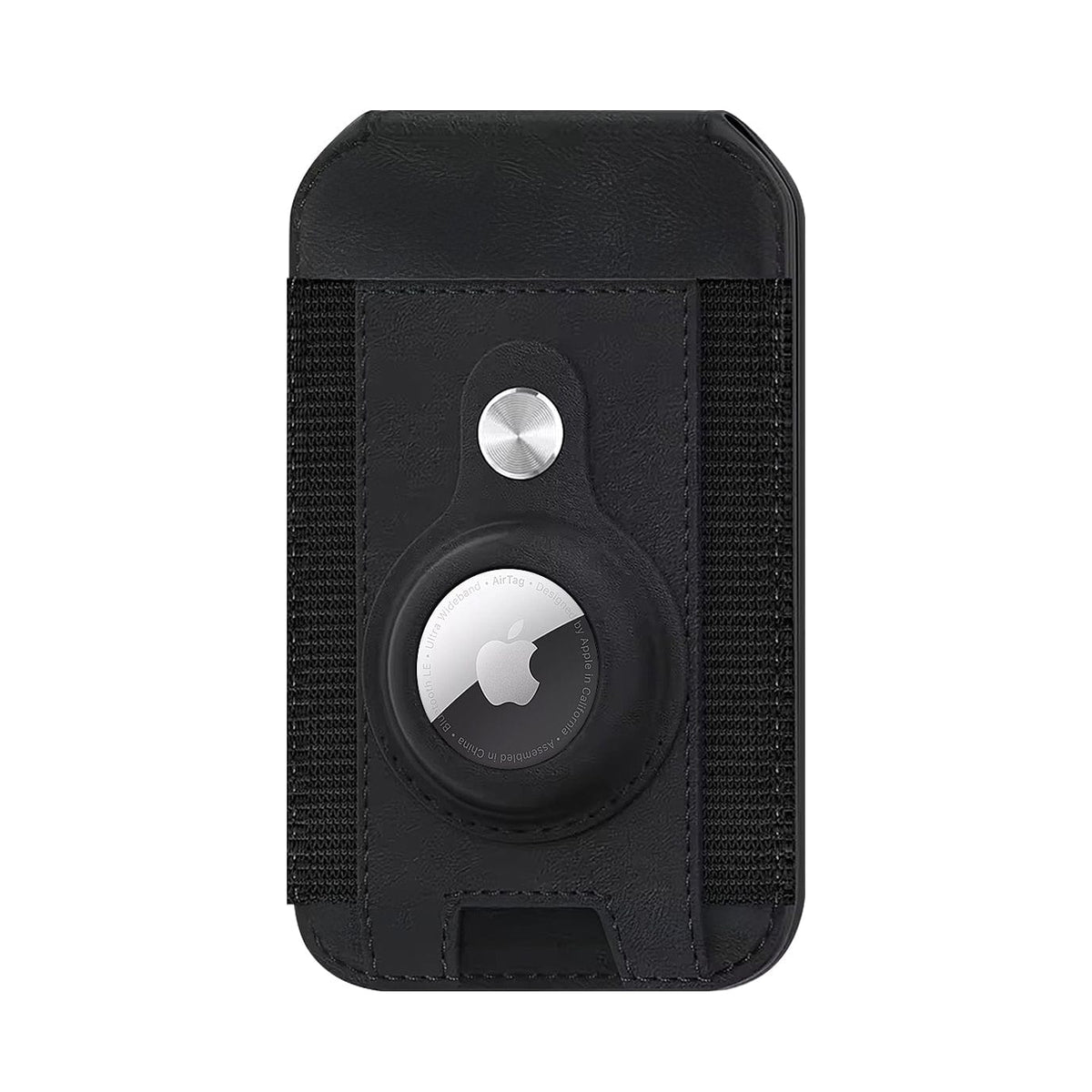iPhone Black Leather Wallet Case with AirTag Holder & Stand - MagSafe | Indy Series