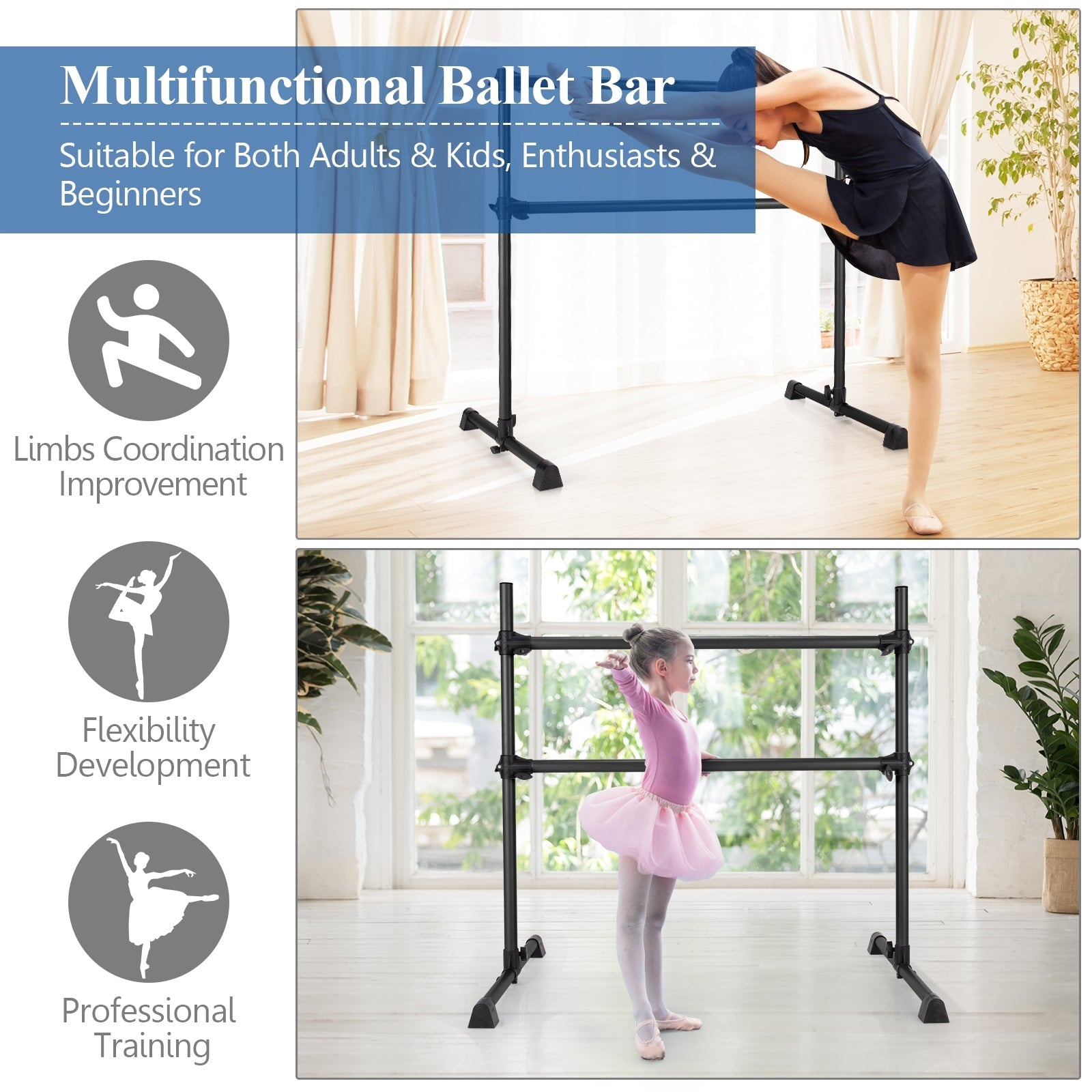 4 Feet Double Ballet Barre Bar with Adjustable Height